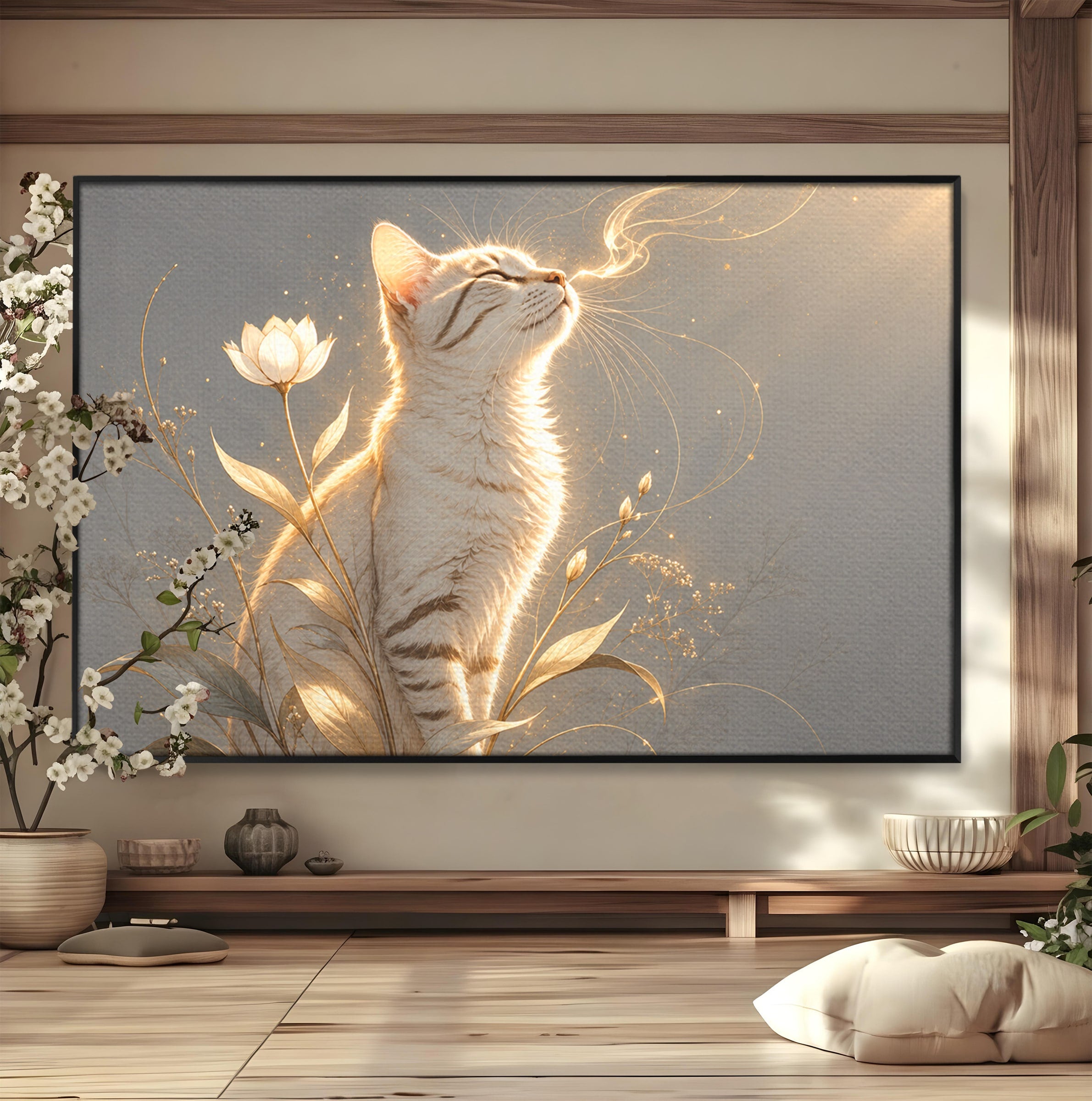Tablou Canvas Premium LuxCanva® U1183, Pisica Visatoare, Flori, Visare, Eleganta, Pisica, Living, Culori Vibrante