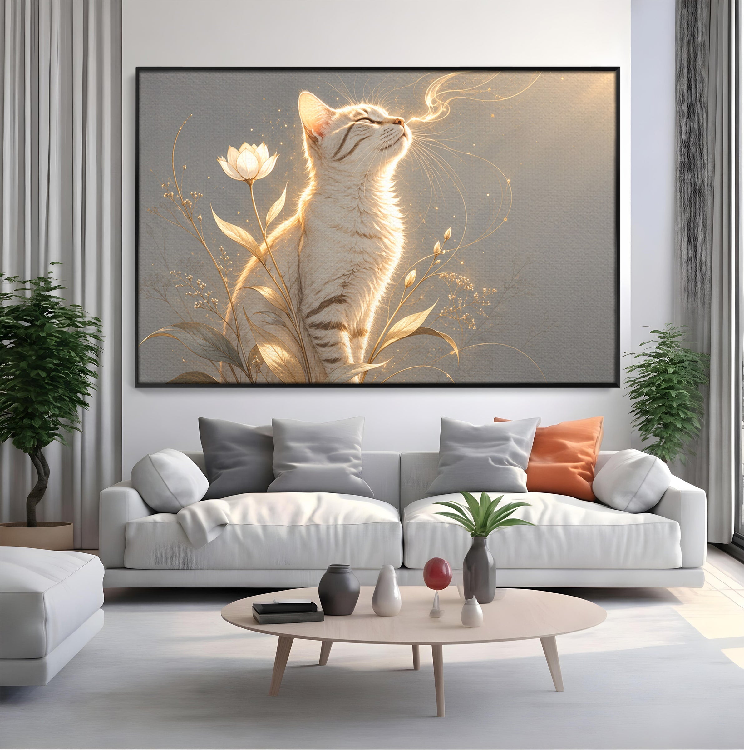 Tablou Canvas Premium LuxCanva® U1183, Pisica Visatoare, Flori, Visare, Eleganta, Pisica, Living, Culori Vibrante