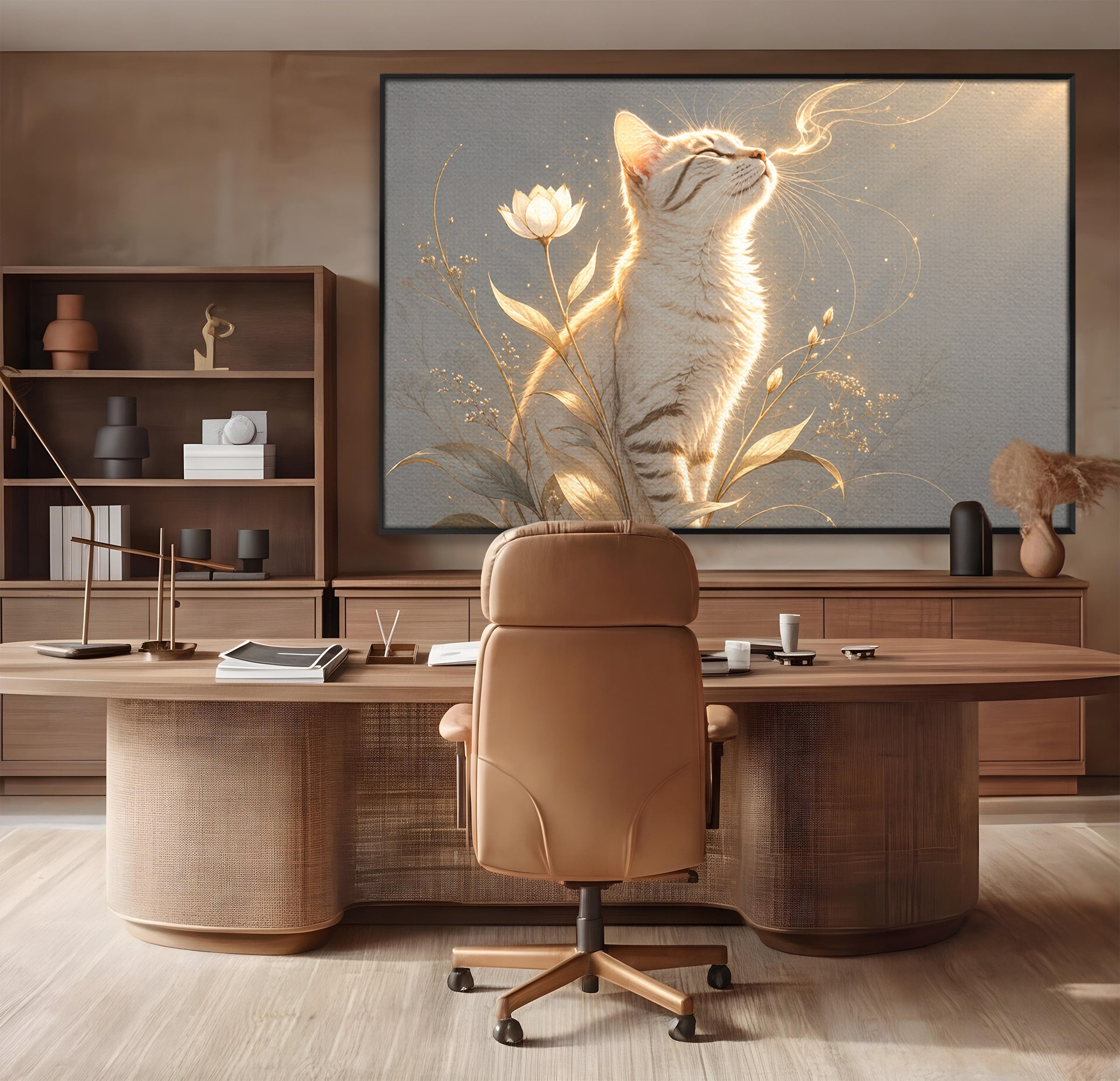 Tablou Canvas Premium LuxCanva® U1183, Pisica Visatoare, Flori, Visare, Eleganta, Pisica, Living, Culori Vibrante
