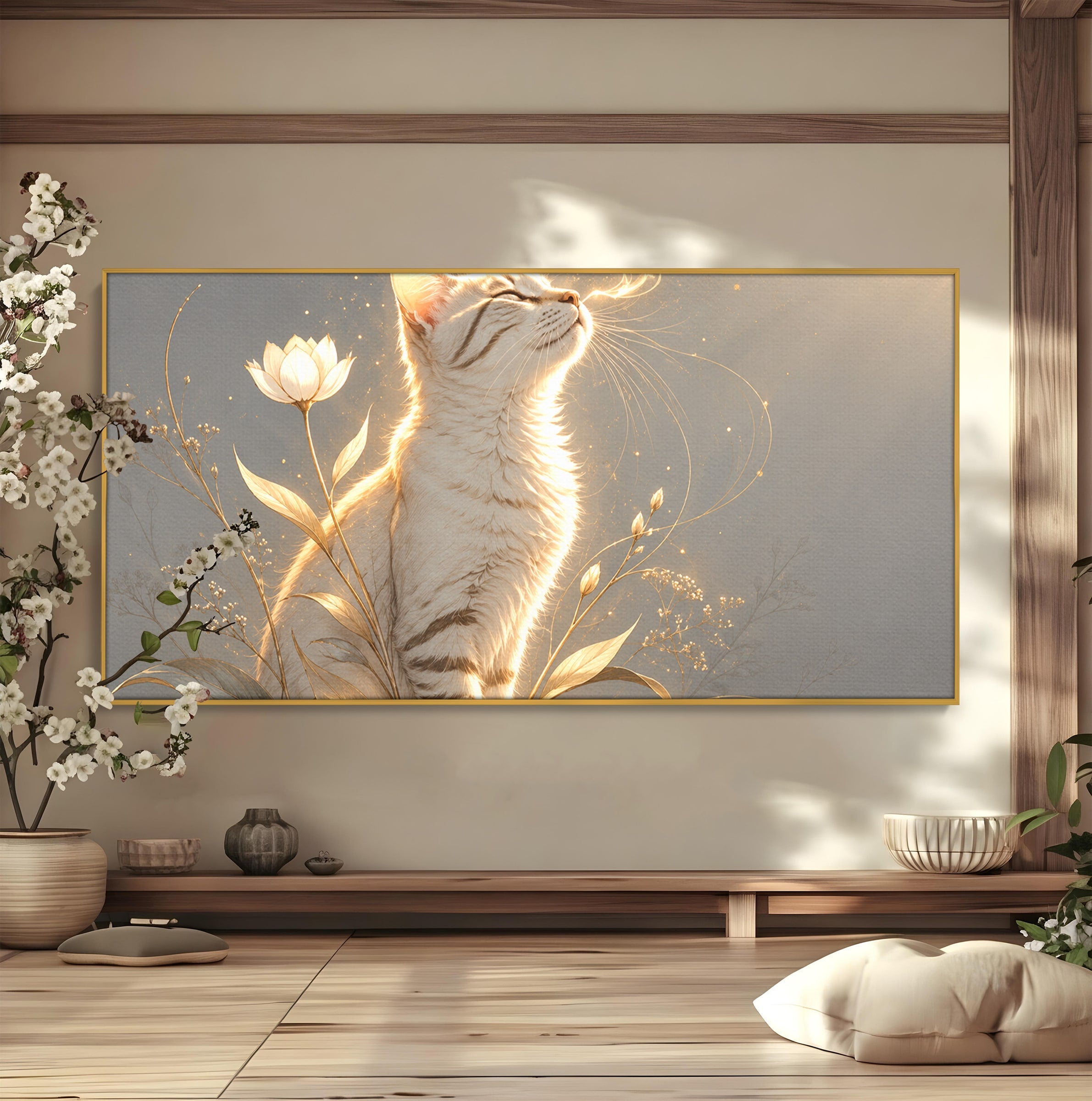 Tablou Canvas Premium LuxCanva® U1183, Pisica Visatoare, Flori, Visare, Eleganta, Pisica, Living, Culori Vibrante