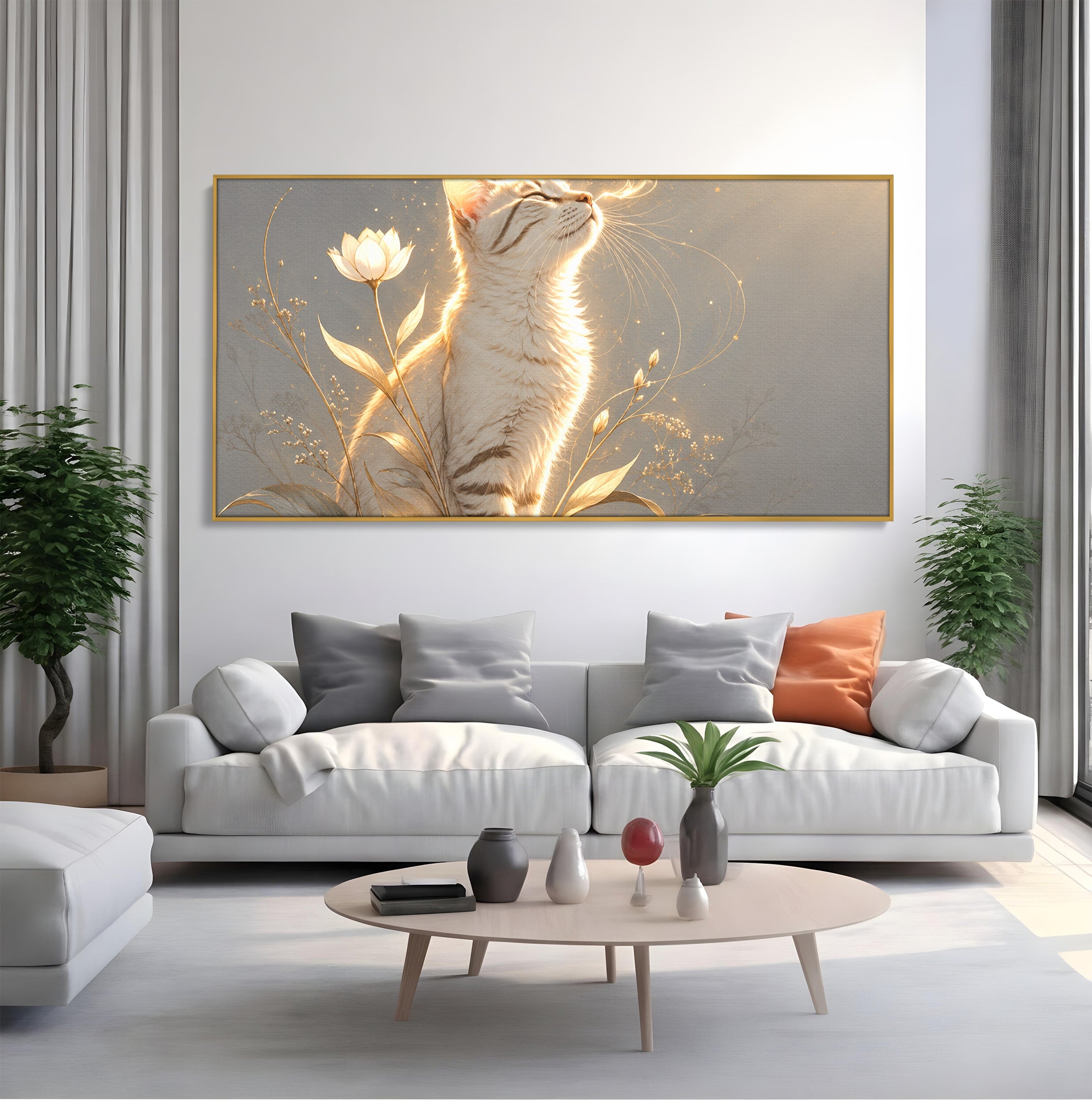 Tablou Canvas Premium LuxCanva® U1183, Pisica Visatoare, Flori, Visare, Eleganta, Pisica, Living, Culori Vibrante