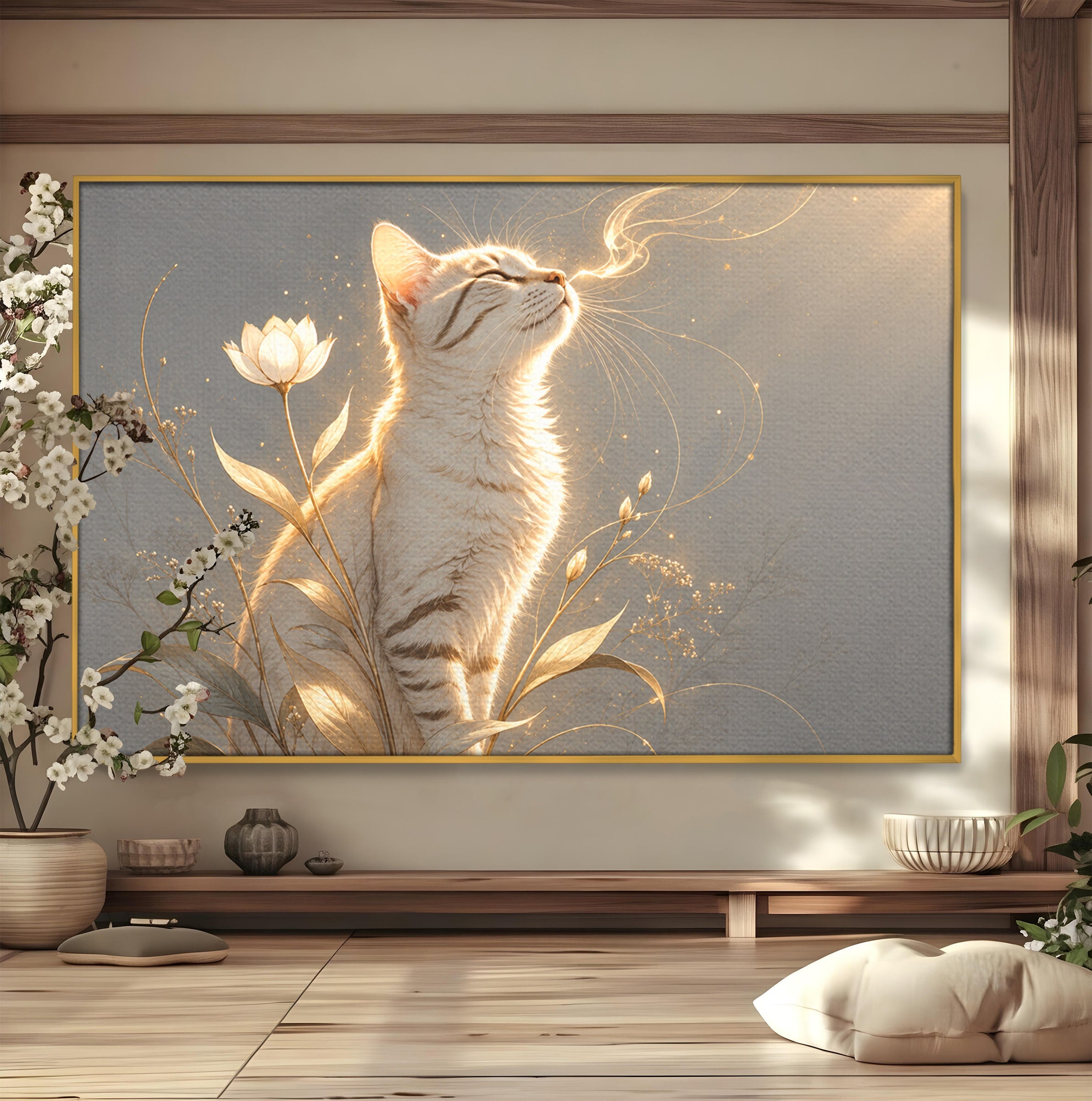 Tablou Canvas Premium LuxCanva® U1183, Pisica Visatoare, Flori, Visare, Eleganta, Pisica, Living, Culori Vibrante