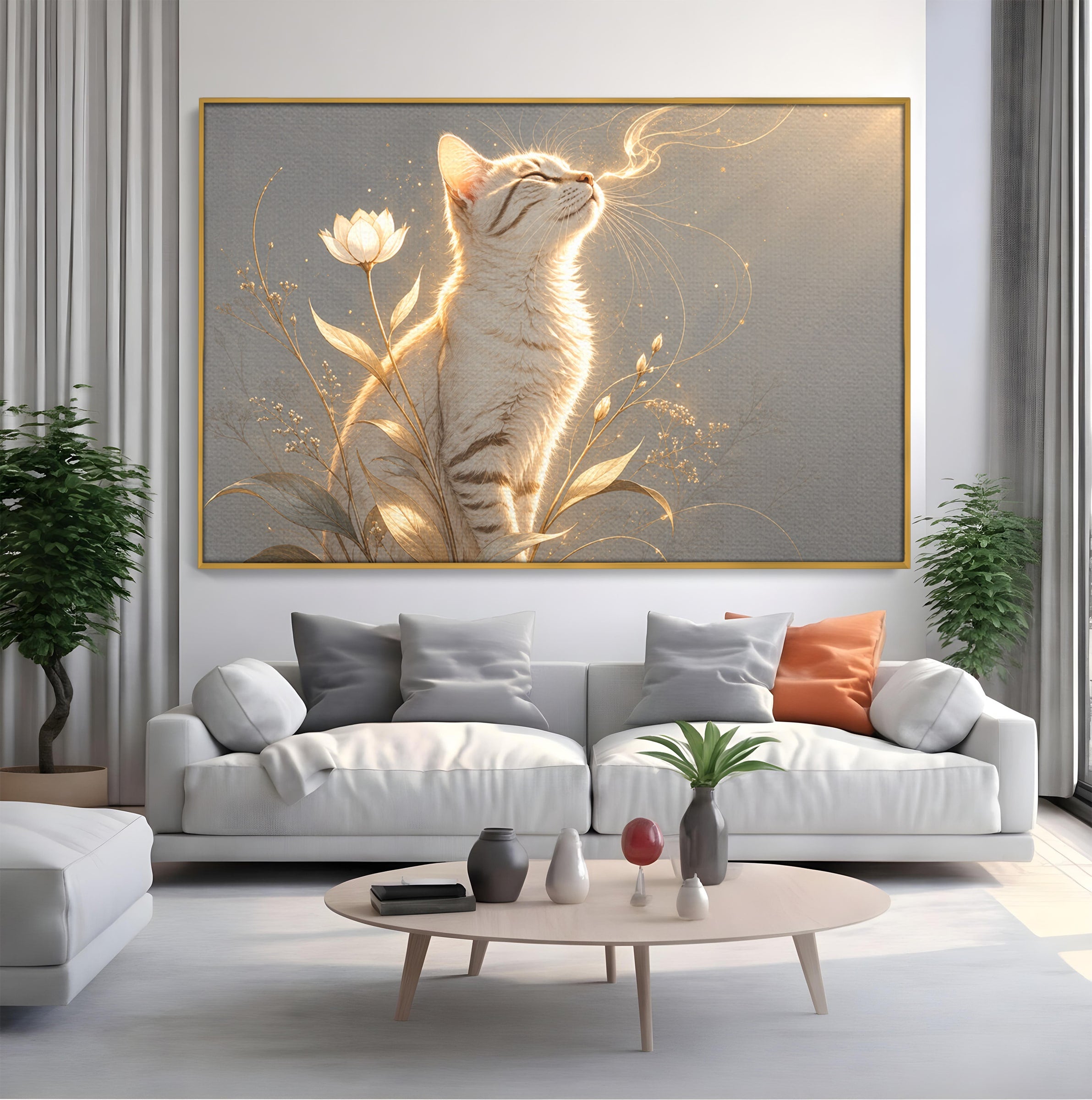 Tablou Canvas Premium LuxCanva® U1183, Pisica Visatoare, Flori, Visare, Eleganta, Pisica, Living, Culori Vibrante