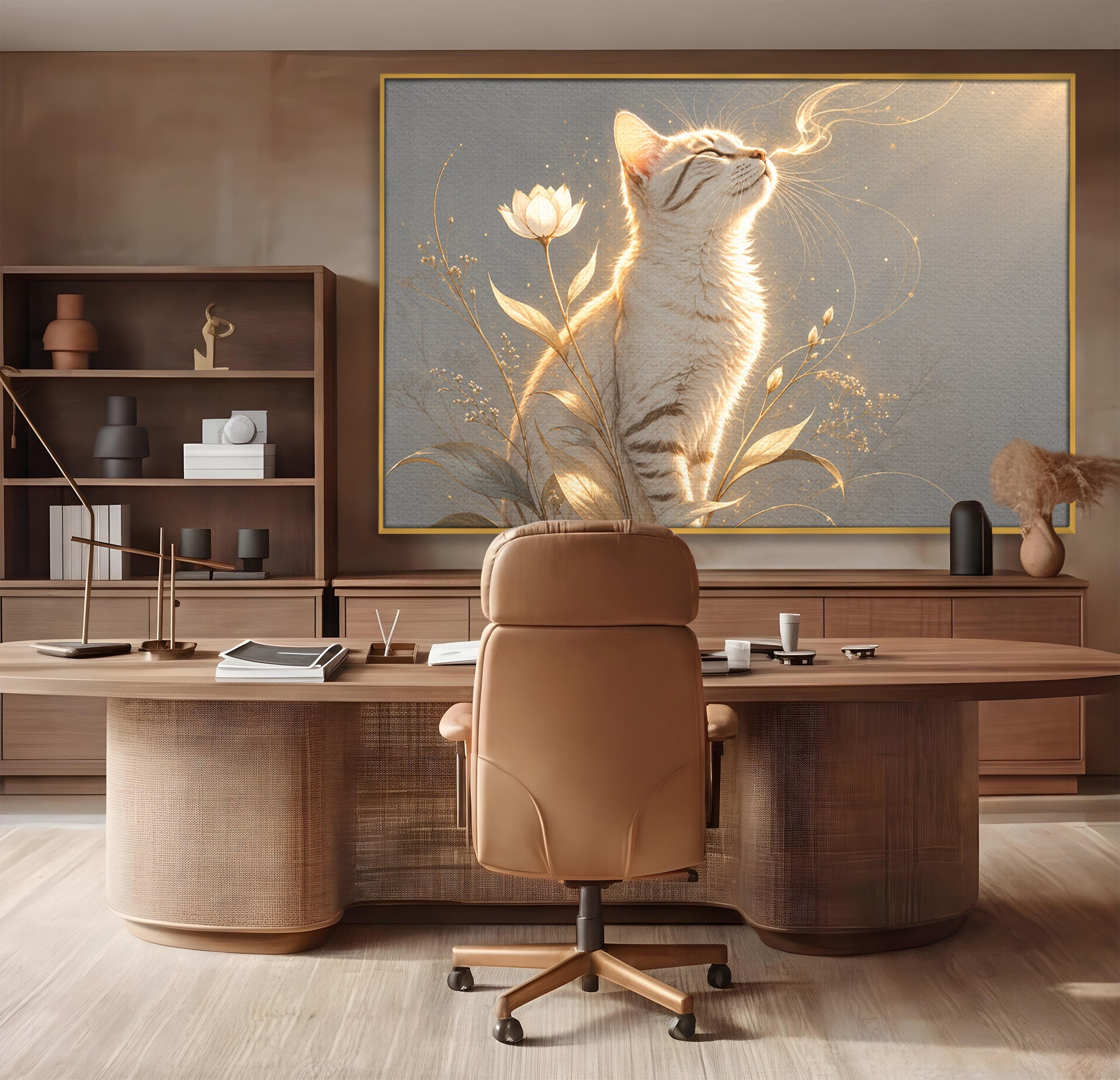 Tablou Canvas Premium LuxCanva® U1183, Pisica Visatoare, Flori, Visare, Eleganta, Pisica, Living, Culori Vibrante