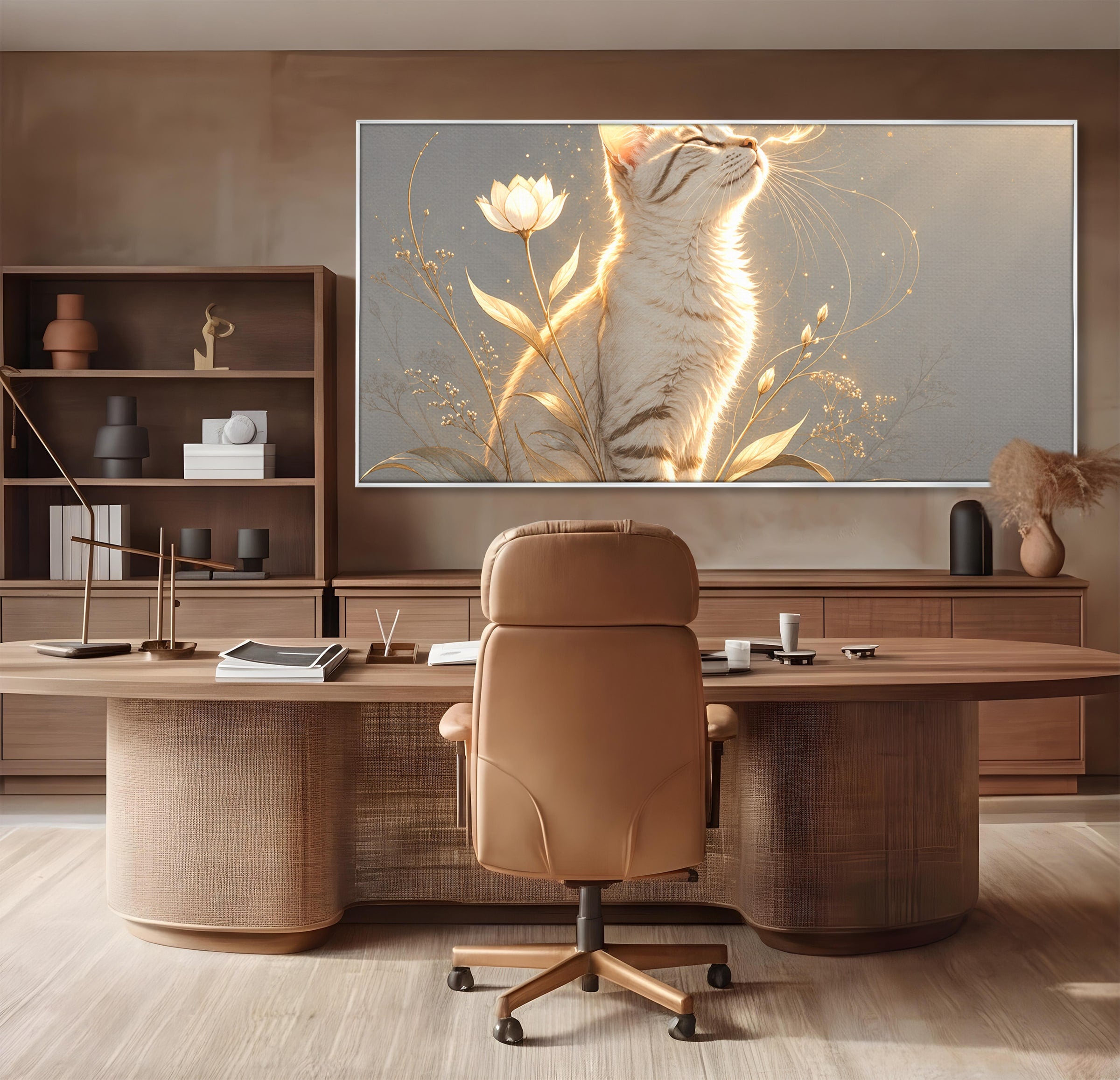 Tablou Canvas Premium LuxCanva® U1183, Pisica Visatoare, Flori, Visare, Eleganta, Pisica, Living, Culori Vibrante