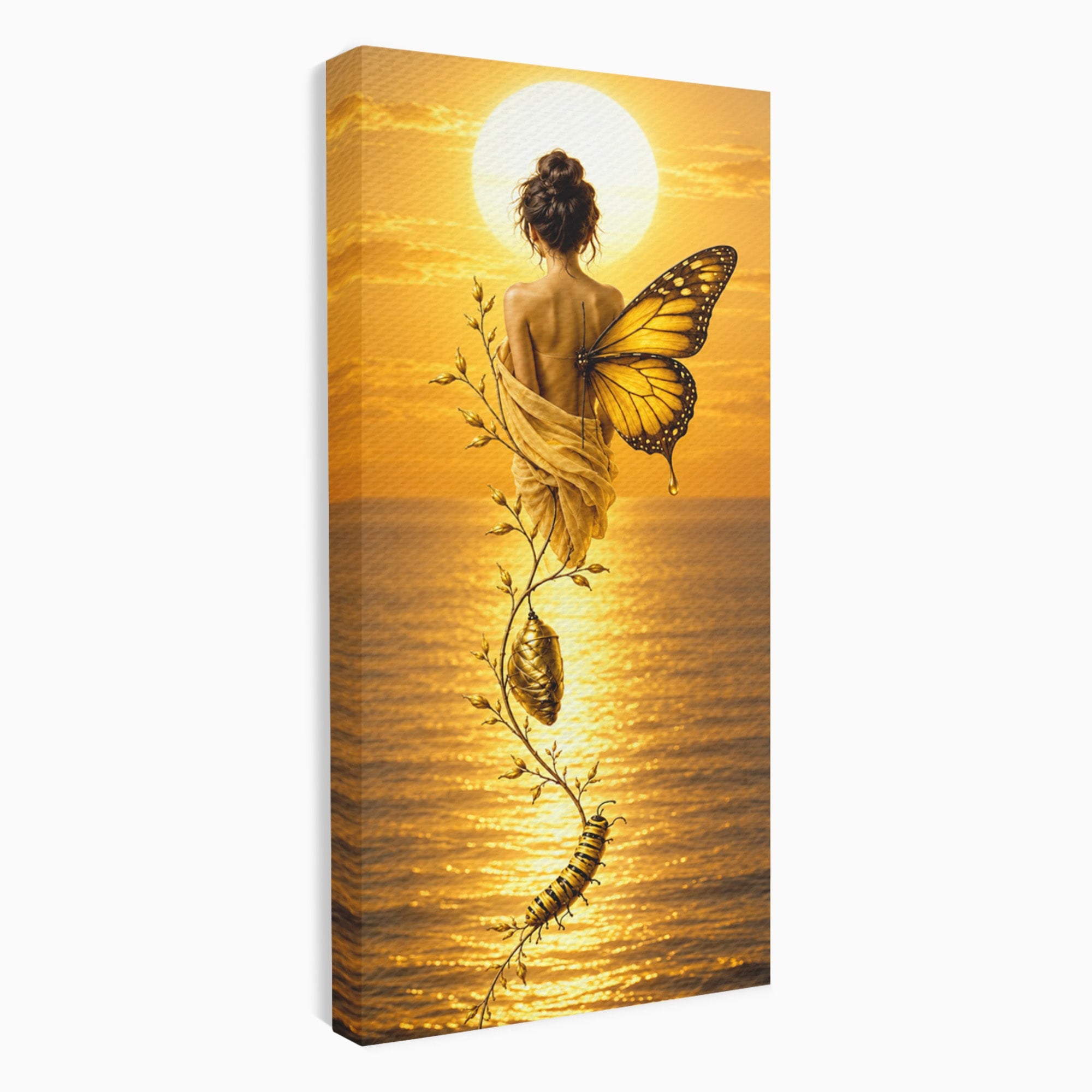 Tablou Canvas Premium LuxCanva® U1186, Zana Apusului, Aripi, Fluture, Metamorfoza,  Zana, Apus, Ocean, Living, Magie, Culori Vibrante