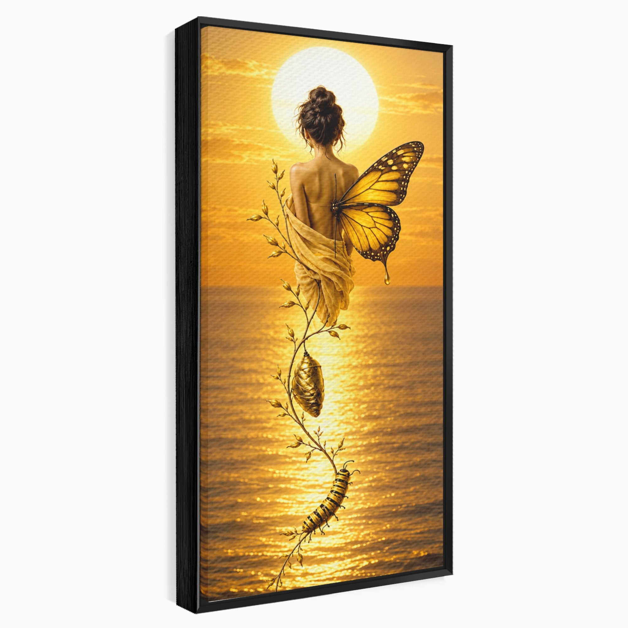 Tablou Canvas Premium LuxCanva® U1186, Zana Apusului, Aripi, Fluture, Metamorfoza,  Zana, Apus, Ocean, Living, Magie, Culori Vibrante