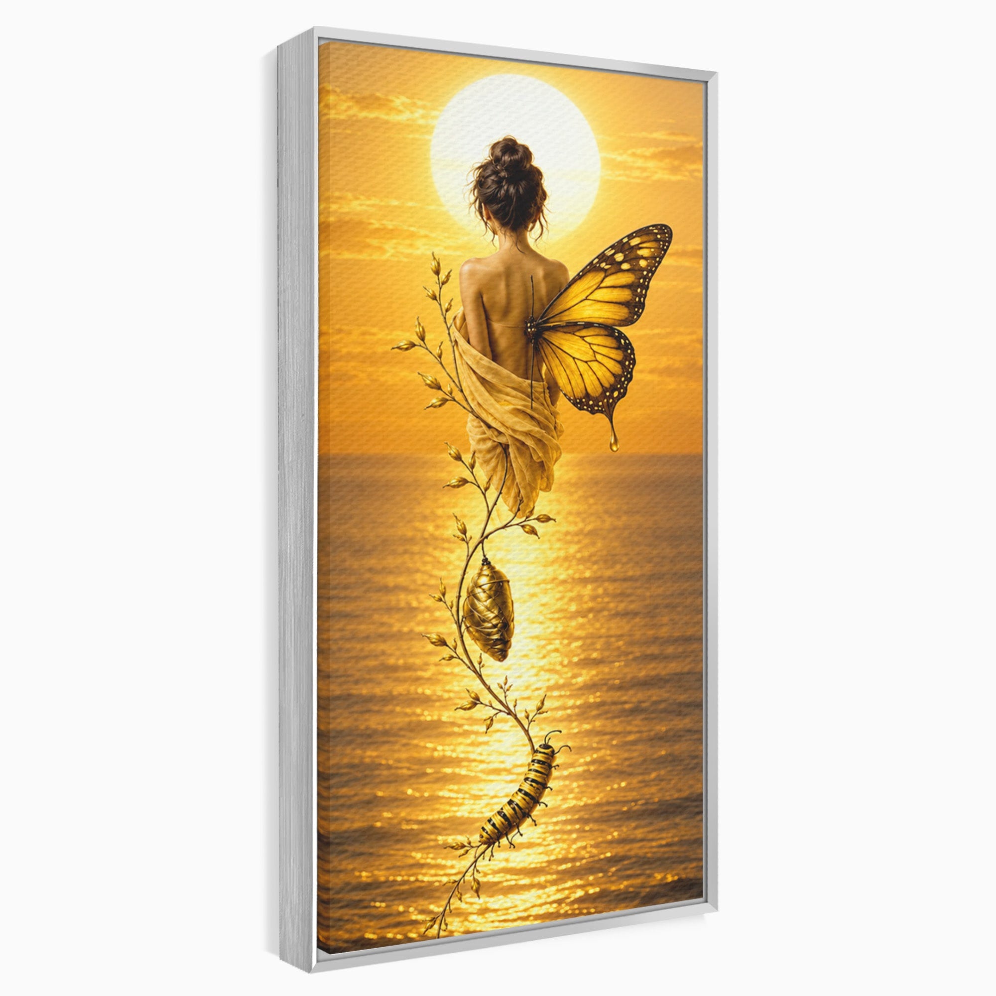 Tablou Canvas Premium LuxCanva® U1186, Zana Apusului, Aripi, Fluture, Metamorfoza,  Zana, Apus, Ocean, Living, Magie, Culori Vibrante