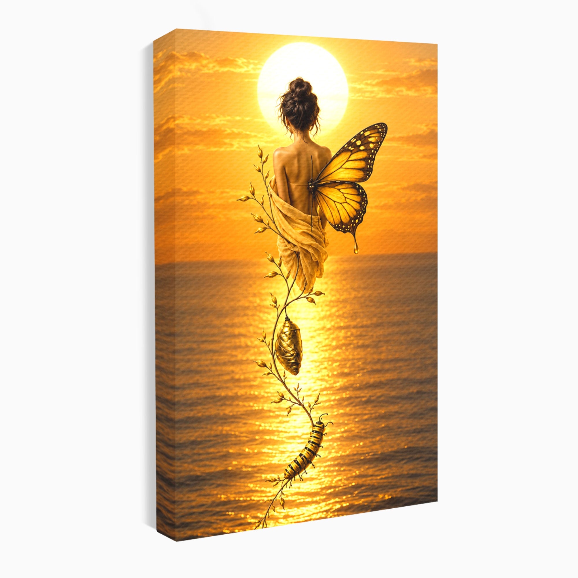 Tablou Canvas Premium LuxCanva® U1186, Zana Apusului, Aripi, Fluture, Metamorfoza,  Zana, Apus, Ocean, Living, Magie, Culori Vibrante