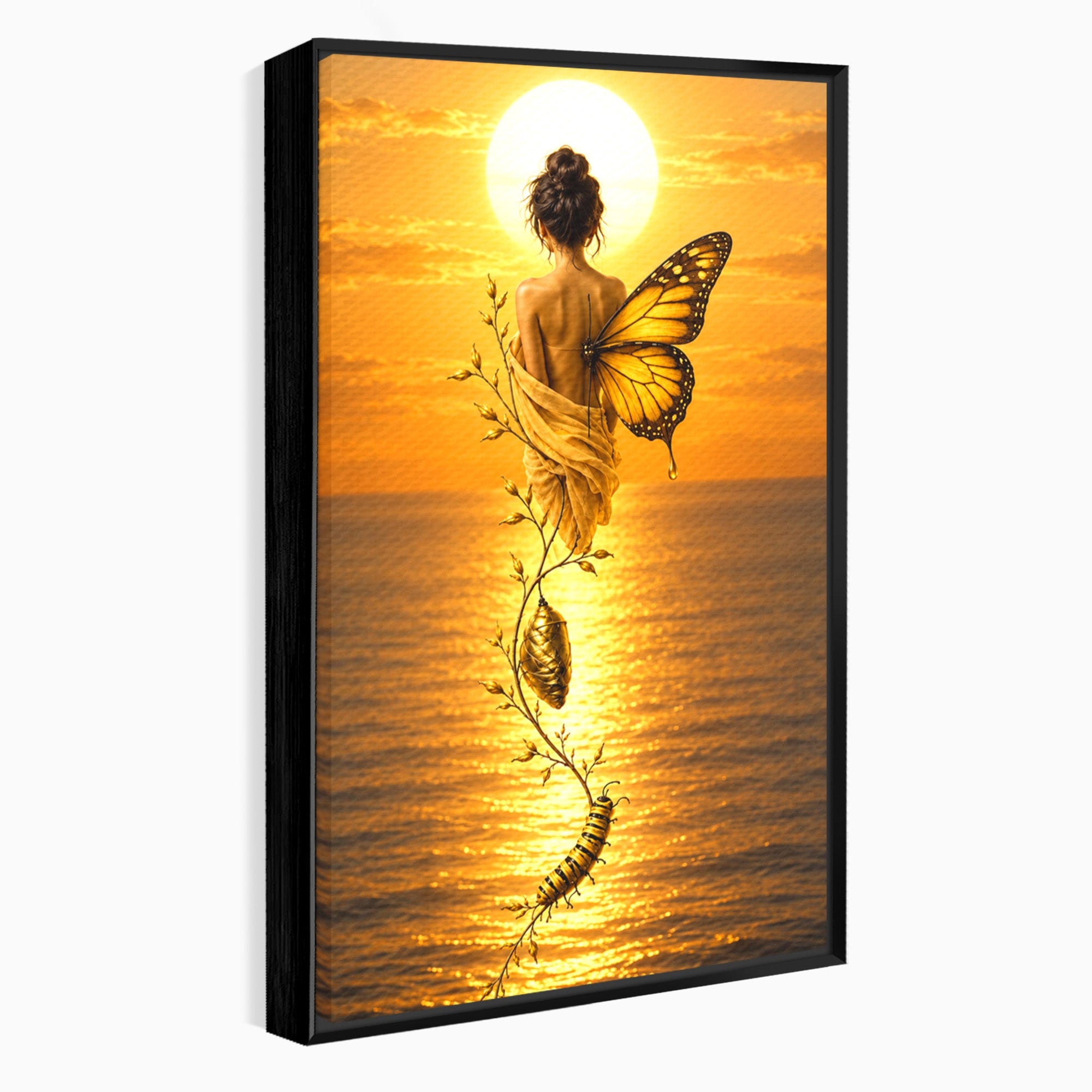 Tablou Canvas Premium LuxCanva® U1186, Zana Apusului, Aripi, Fluture, Metamorfoza,  Zana, Apus, Ocean, Living, Magie, Culori Vibrante