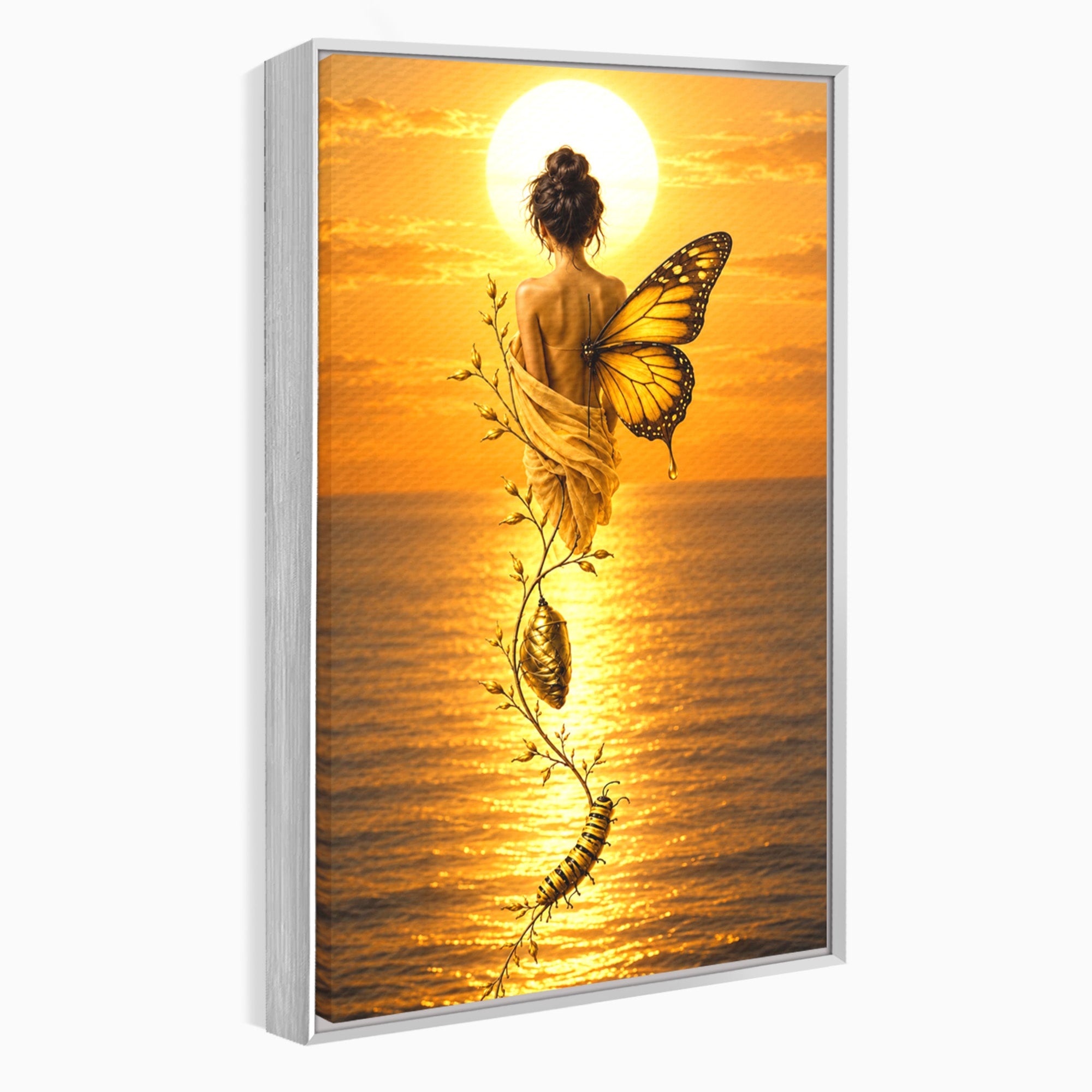 Tablou Canvas Premium LuxCanva® U1186, Zana Apusului, Aripi, Fluture, Metamorfoza,  Zana, Apus, Ocean, Living, Magie, Culori Vibrante