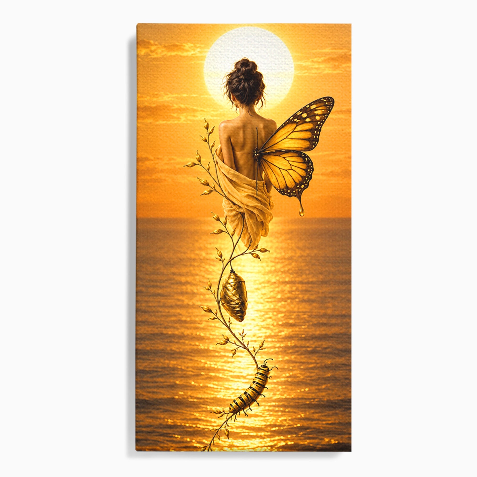 Tablou Canvas Premium LuxCanva® U1186, Zana Apusului, Aripi, Fluture, Metamorfoza,  Zana, Apus, Ocean, Living, Magie, Culori Vibrante