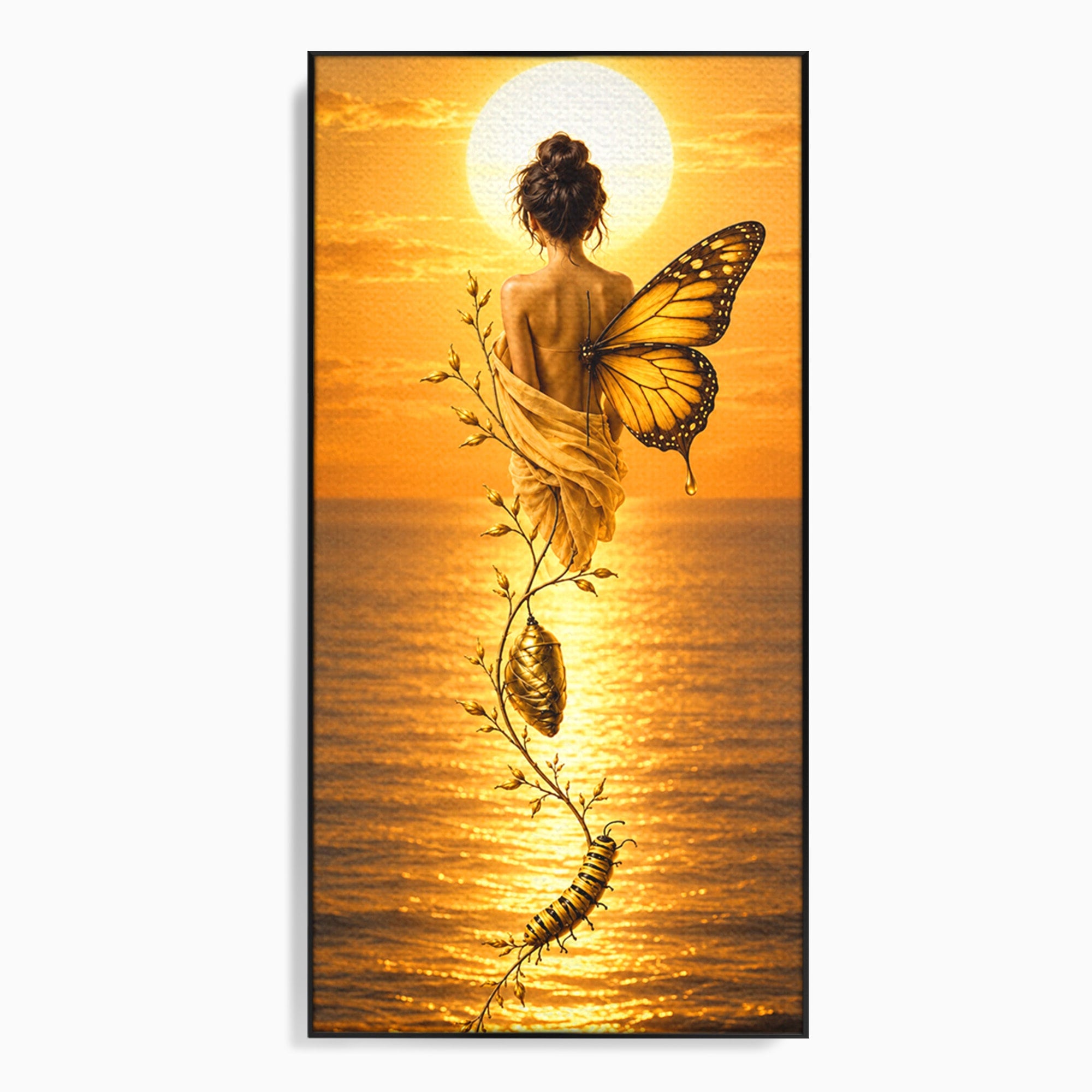 Tablou Canvas Premium LuxCanva® U1186, Zana Apusului, Aripi, Fluture, Metamorfoza,  Zana, Apus, Ocean, Living, Magie, Culori Vibrante