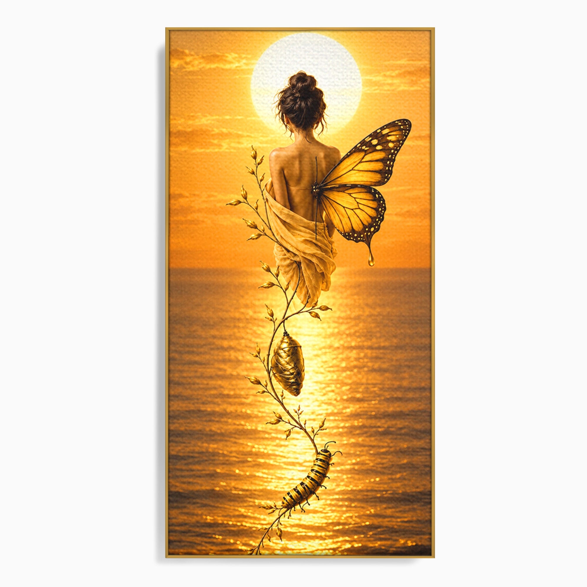 Tablou Canvas Premium LuxCanva® U1186, Zana Apusului, Aripi, Fluture, Metamorfoza,  Zana, Apus, Ocean, Living, Magie, Culori Vibrante