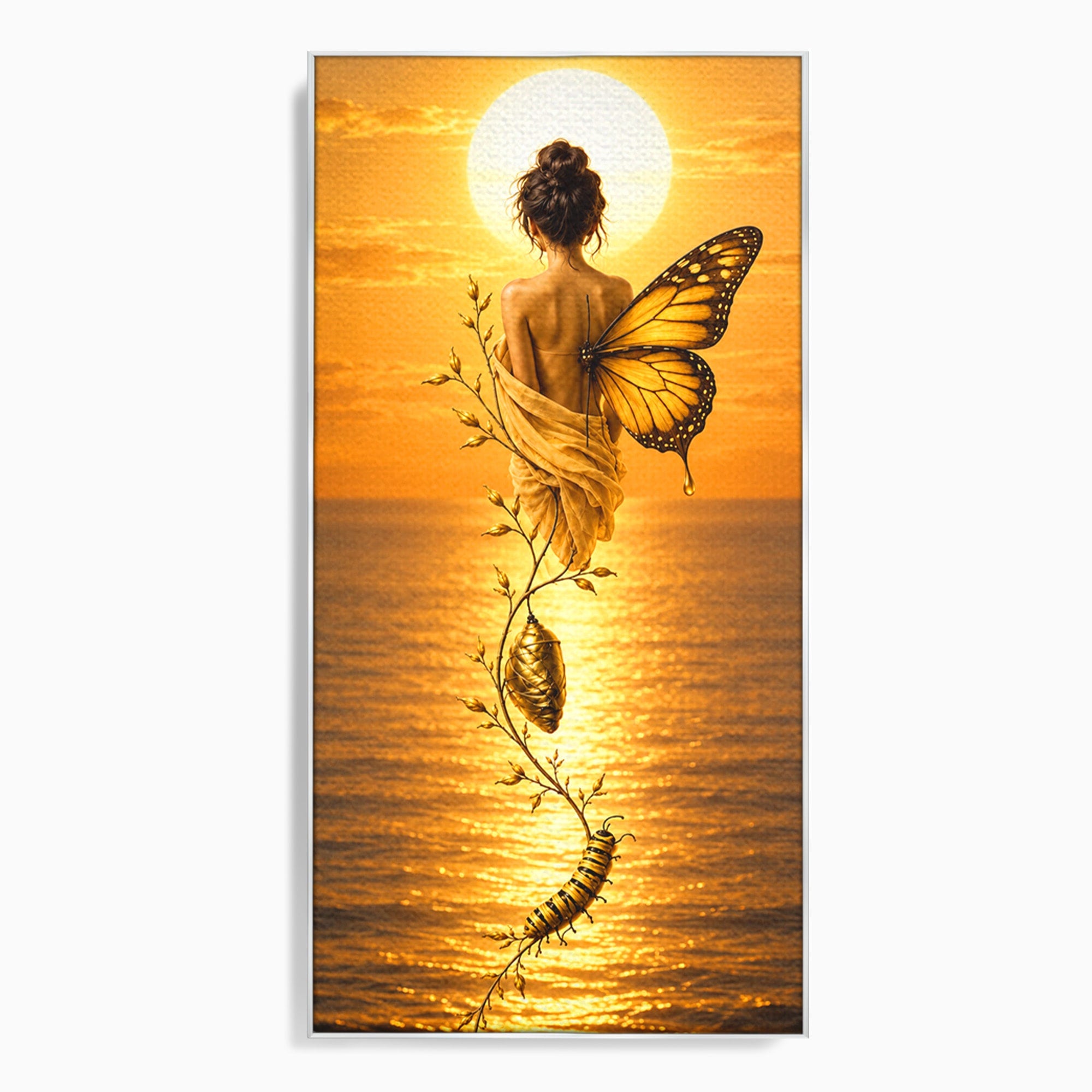 Tablou Canvas Premium LuxCanva® U1186, Zana Apusului, Aripi, Fluture, Metamorfoza,  Zana, Apus, Ocean, Living, Magie, Culori Vibrante