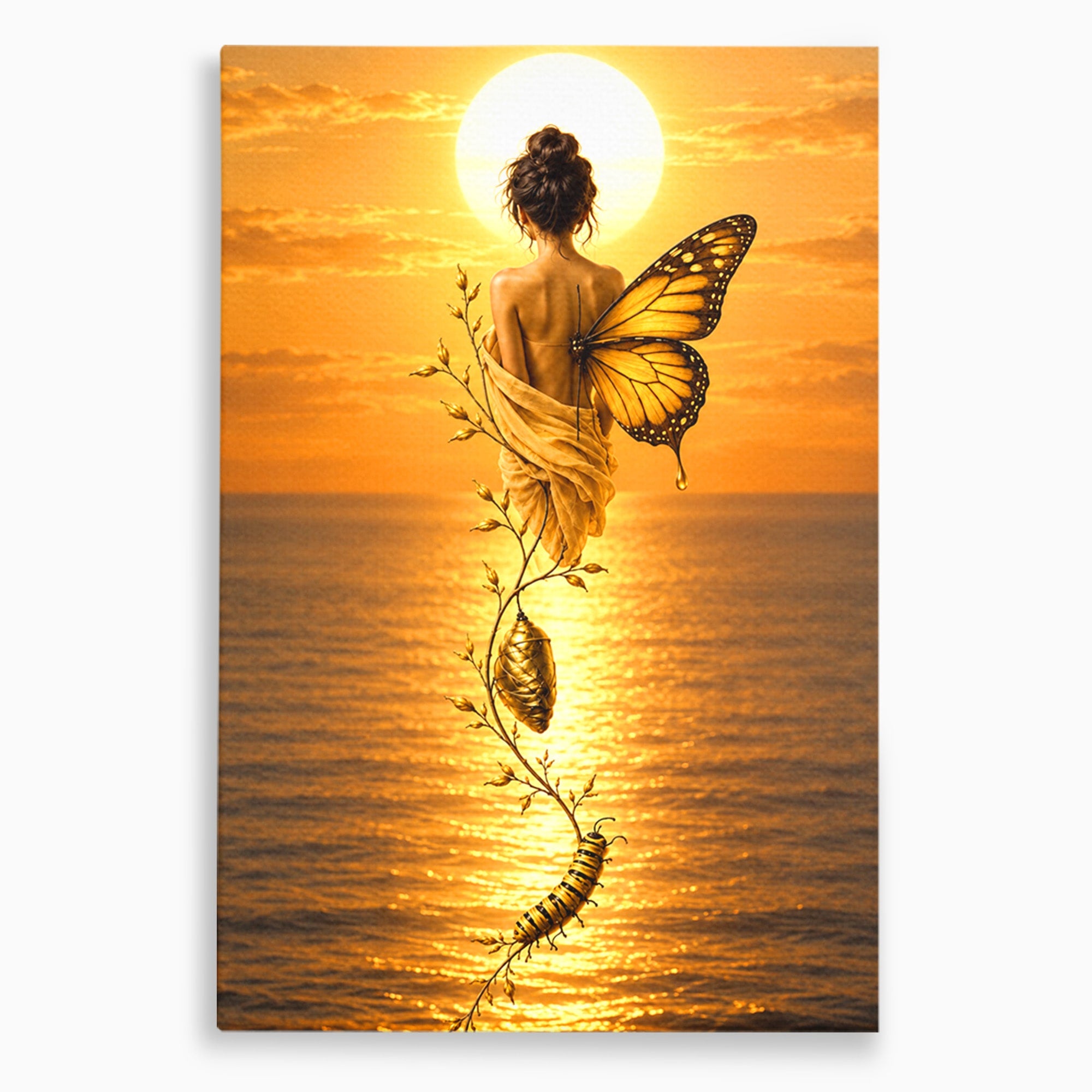 Tablou Canvas Premium LuxCanva® U1186, Zana Apusului, Aripi, Fluture, Metamorfoza,  Zana, Apus, Ocean, Living, Magie, Culori Vibrante