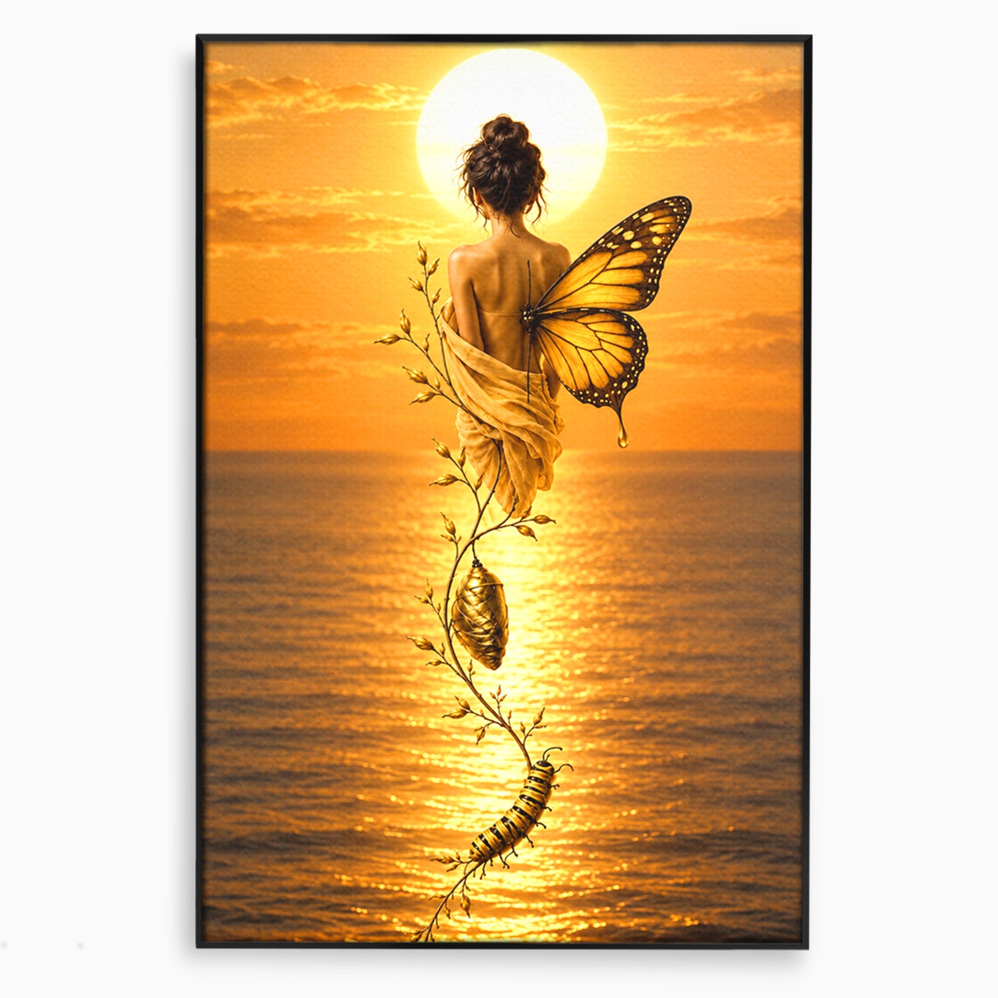 Tablou Canvas Premium LuxCanva® U1186, Zana Apusului, Aripi, Fluture, Metamorfoza,  Zana, Apus, Ocean, Living, Magie, Culori Vibrante