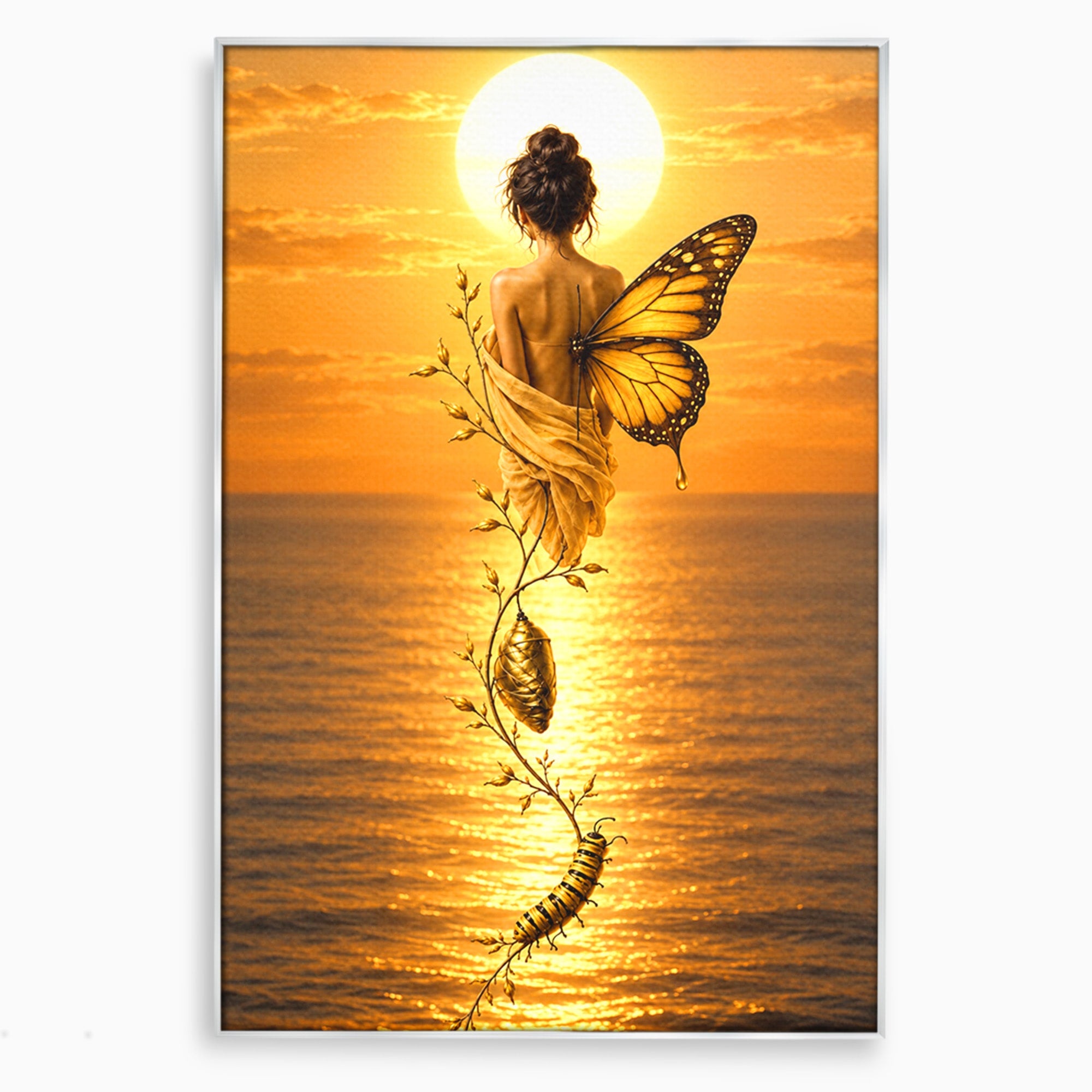 Tablou Canvas Premium LuxCanva® U1186, Zana Apusului, Aripi, Fluture, Metamorfoza,  Zana, Apus, Ocean, Living, Magie, Culori Vibrante
