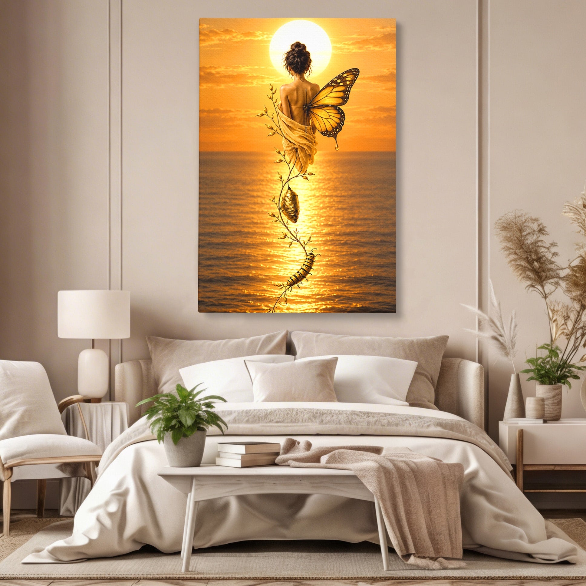 Tablou Canvas Premium LuxCanva® U1186, Zana Apusului, Aripi, Fluture, Metamorfoza,  Zana, Apus, Ocean, Living, Magie, Culori Vibrante