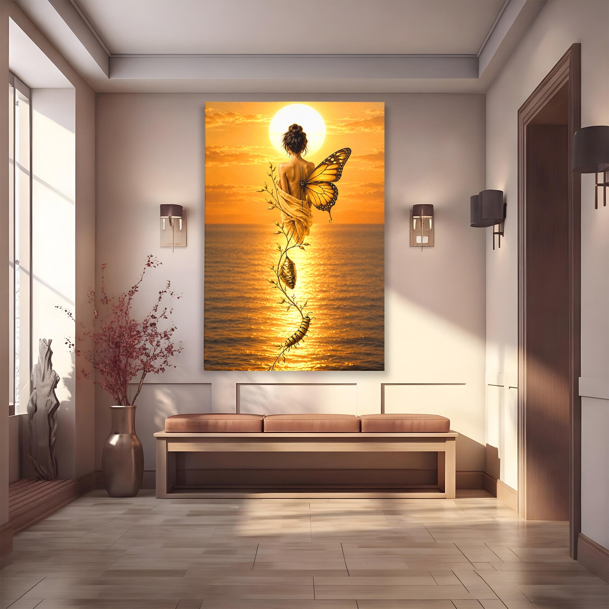 Tablou Canvas Premium LuxCanva® U1186, Zana Apusului, Aripi, Fluture, Metamorfoza,  Zana, Apus, Ocean, Living, Magie, Culori Vibrante