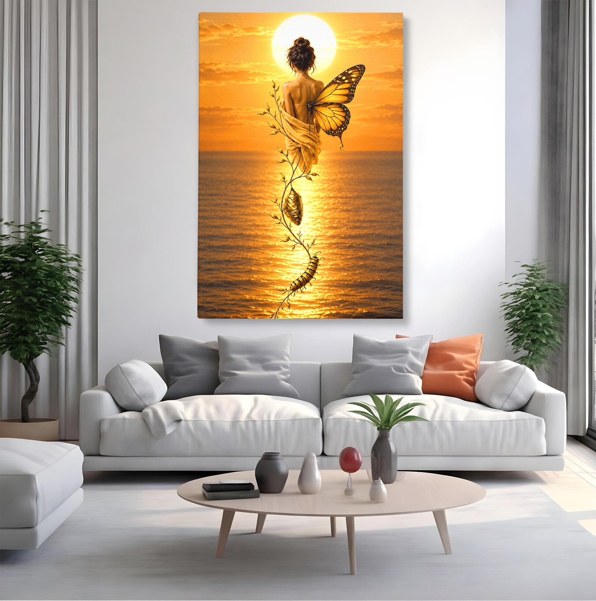 Tablou Canvas Premium LuxCanva® U1186, Zana Apusului, Aripi, Fluture, Metamorfoza,  Zana, Apus, Ocean, Living, Magie, Culori Vibrante