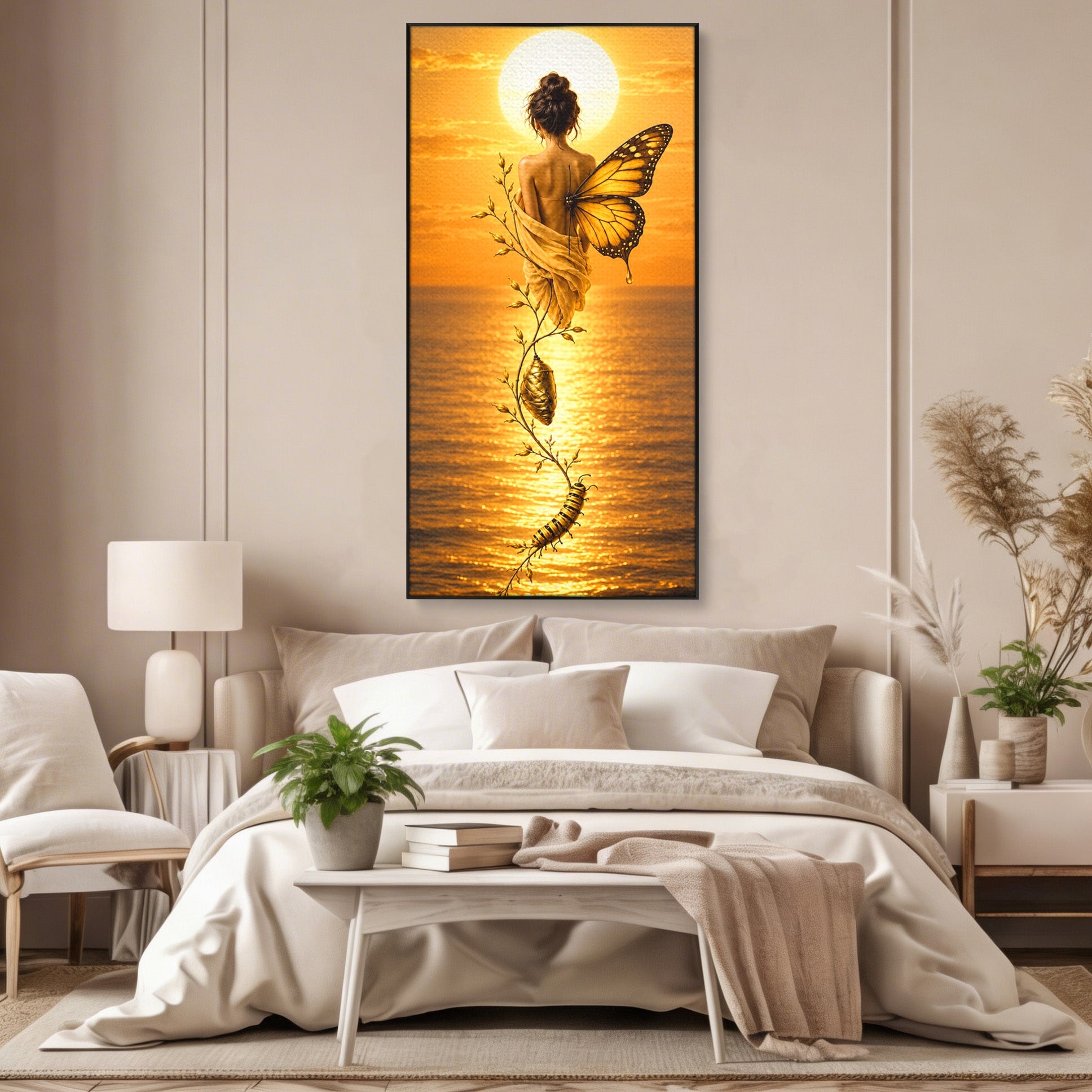 Tablou Canvas Premium LuxCanva® U1186, Zana Apusului, Aripi, Fluture, Metamorfoza,  Zana, Apus, Ocean, Living, Magie, Culori Vibrante