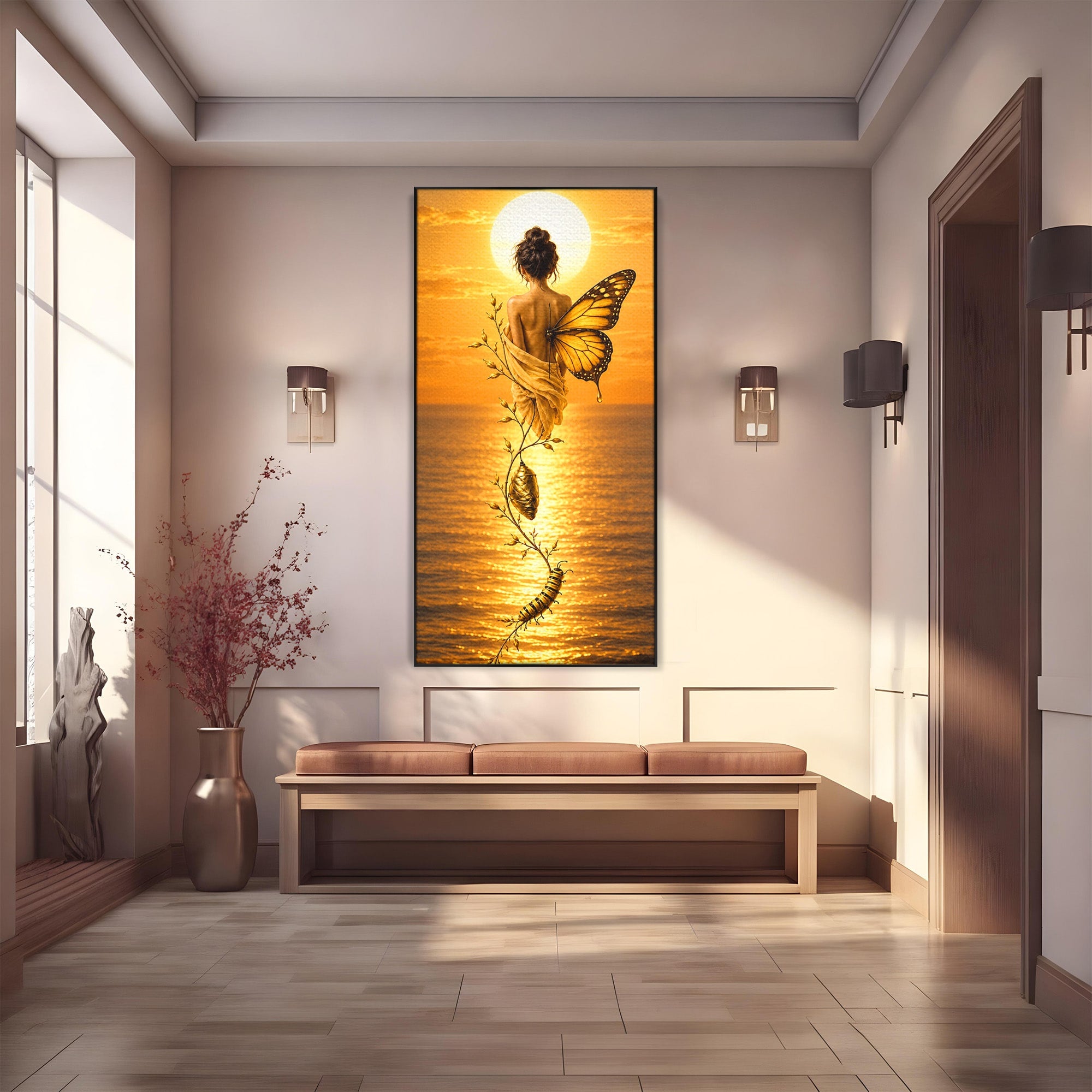 Tablou Canvas Premium LuxCanva® U1186, Zana Apusului, Aripi, Fluture, Metamorfoza,  Zana, Apus, Ocean, Living, Magie, Culori Vibrante