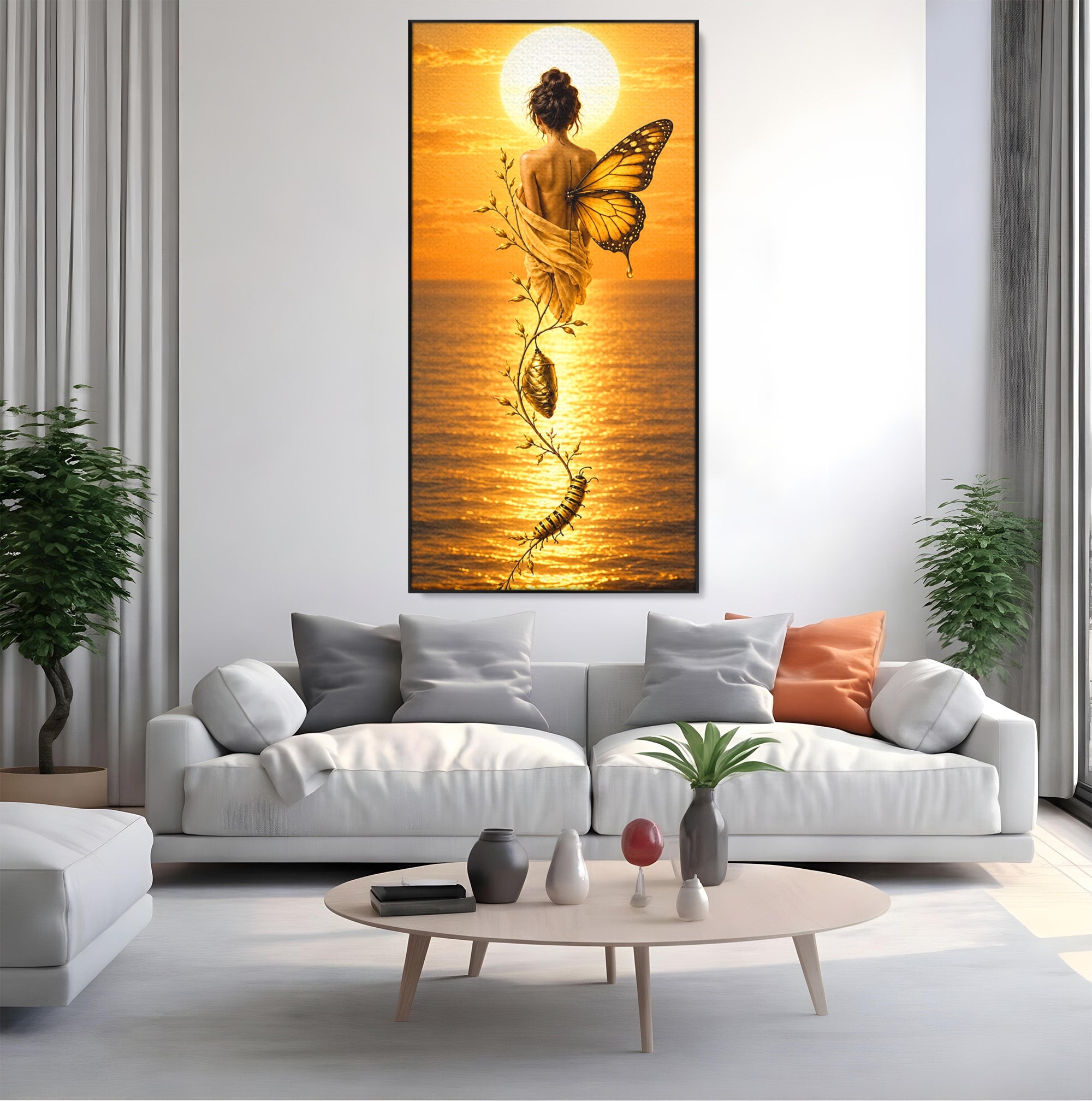 Tablou Canvas Premium LuxCanva® U1186, Zana Apusului, Aripi, Fluture, Metamorfoza,  Zana, Apus, Ocean, Living, Magie, Culori Vibrante