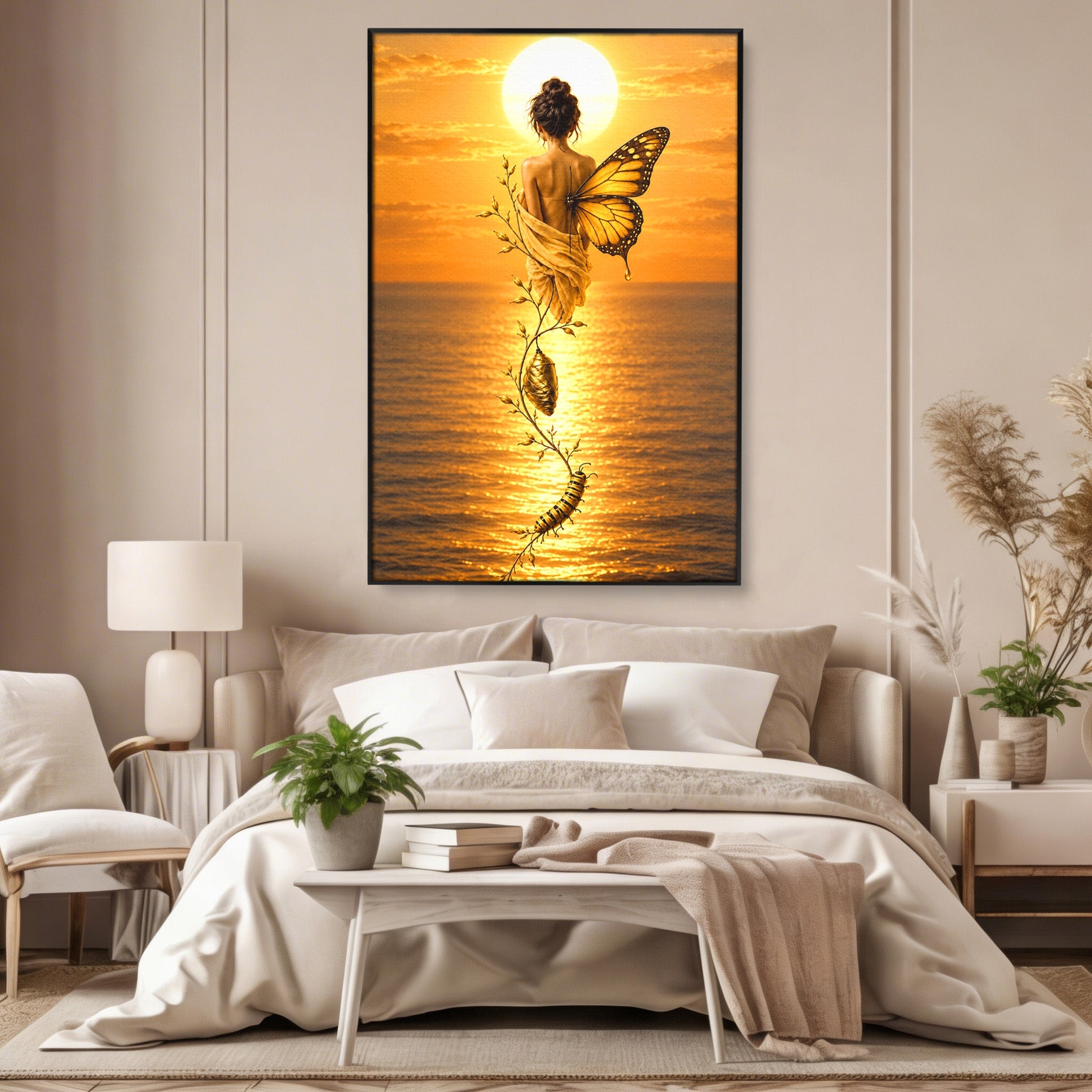 Tablou Canvas Premium LuxCanva® U1186, Zana Apusului, Aripi, Fluture, Metamorfoza,  Zana, Apus, Ocean, Living, Magie, Culori Vibrante