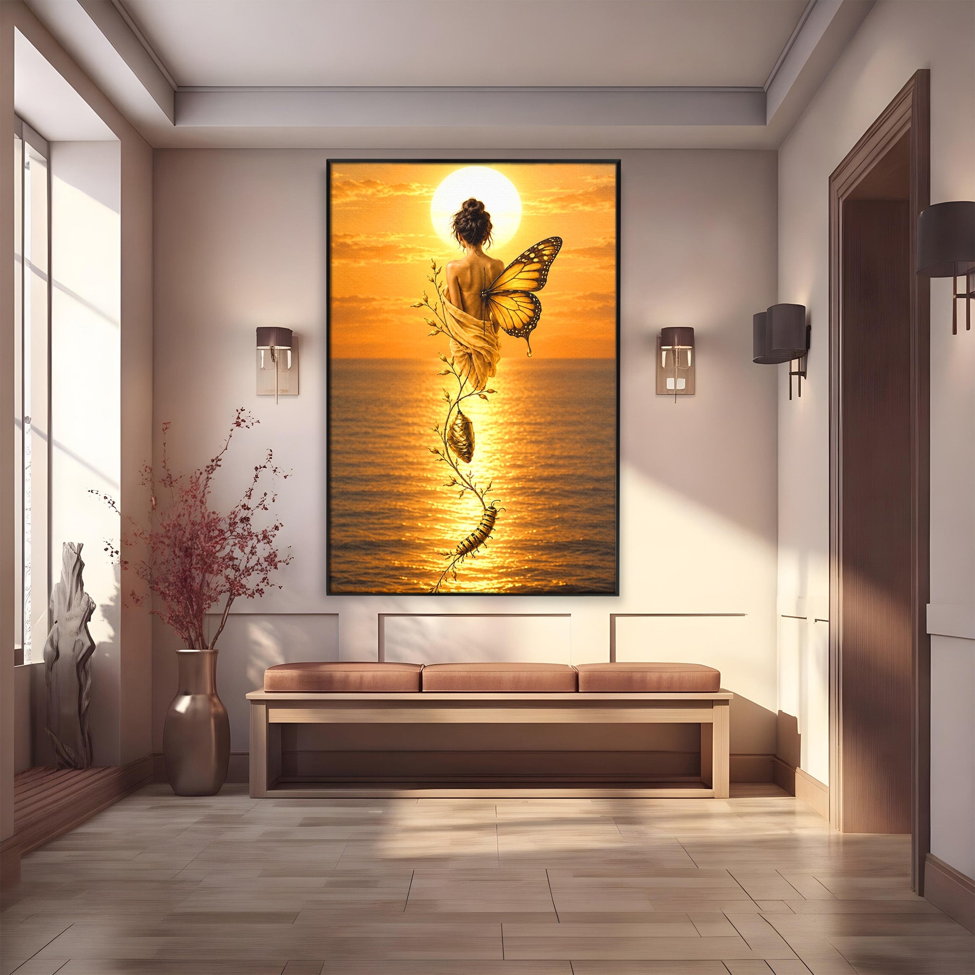 Tablou Canvas Premium LuxCanva® U1186, Zana Apusului, Aripi, Fluture, Metamorfoza,  Zana, Apus, Ocean, Living, Magie, Culori Vibrante