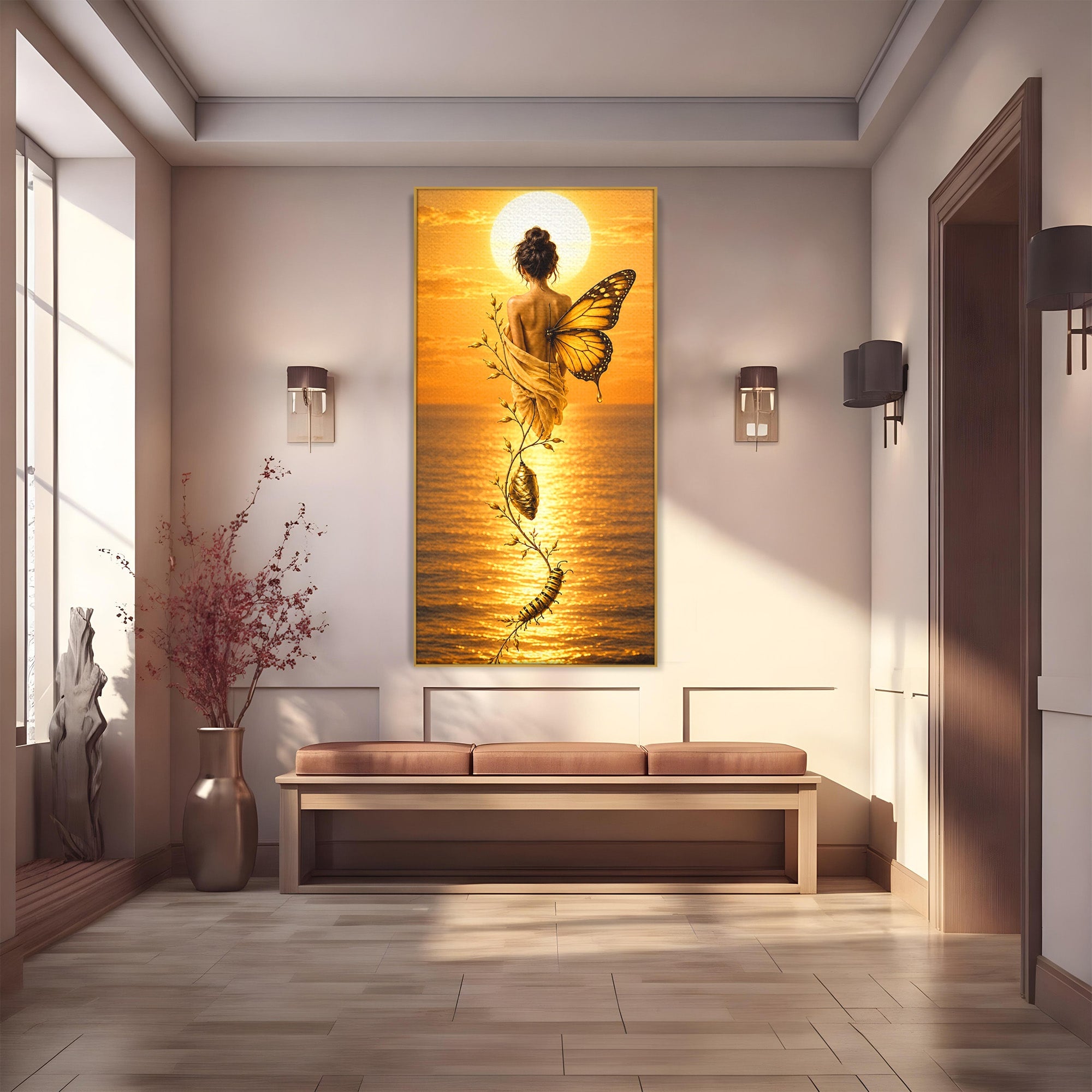 Tablou Canvas Premium LuxCanva® U1186, Zana Apusului, Aripi, Fluture, Metamorfoza,  Zana, Apus, Ocean, Living, Magie, Culori Vibrante