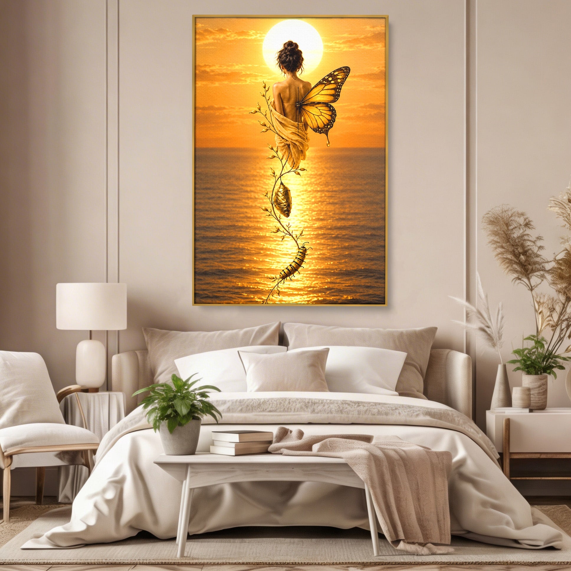 Tablou Canvas Premium LuxCanva® U1186, Zana Apusului, Aripi, Fluture, Metamorfoza,  Zana, Apus, Ocean, Living, Magie, Culori Vibrante
