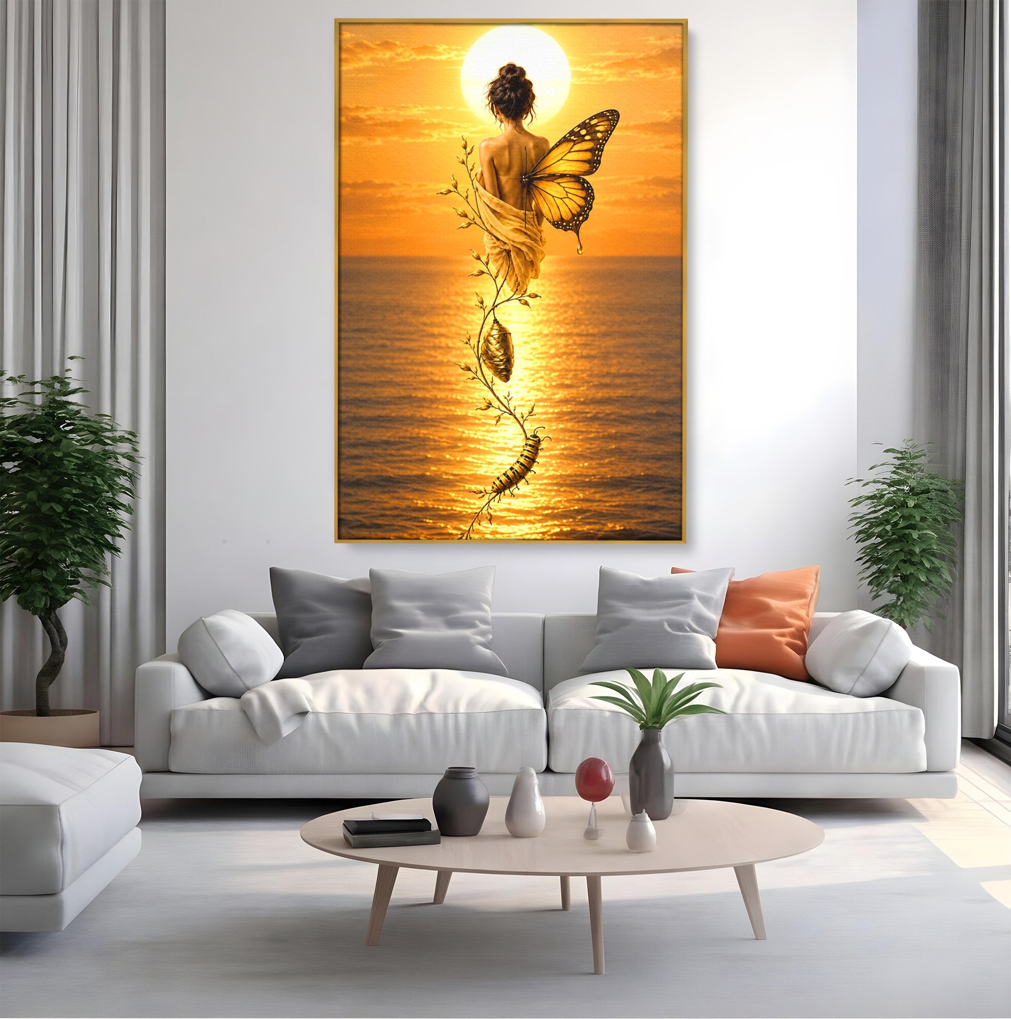 Tablou Canvas Premium LuxCanva® U1186, Zana Apusului, Aripi, Fluture, Metamorfoza,  Zana, Apus, Ocean, Living, Magie, Culori Vibrante