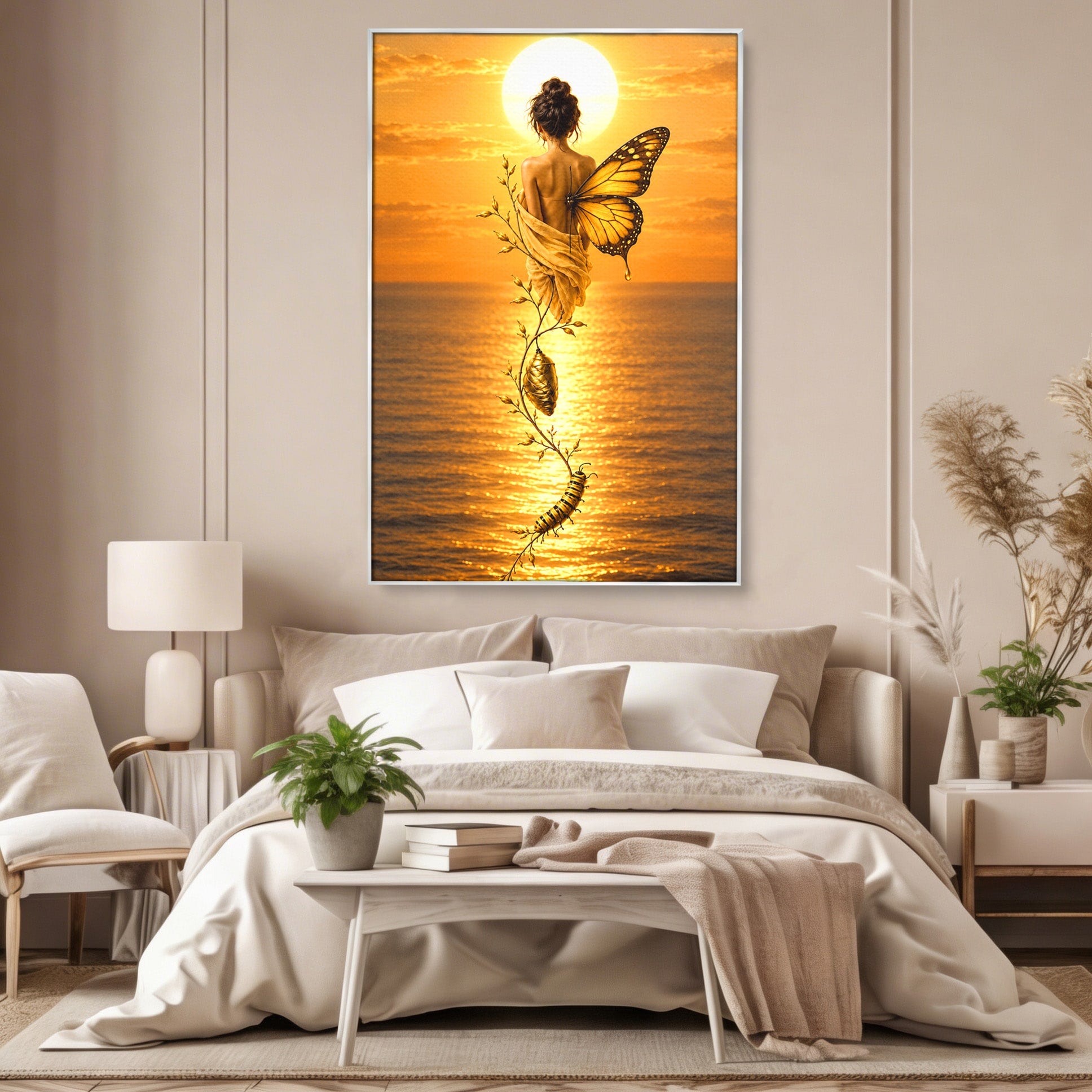 Tablou Canvas Premium LuxCanva® U1186, Zana Apusului, Aripi, Fluture, Metamorfoza,  Zana, Apus, Ocean, Living, Magie, Culori Vibrante
