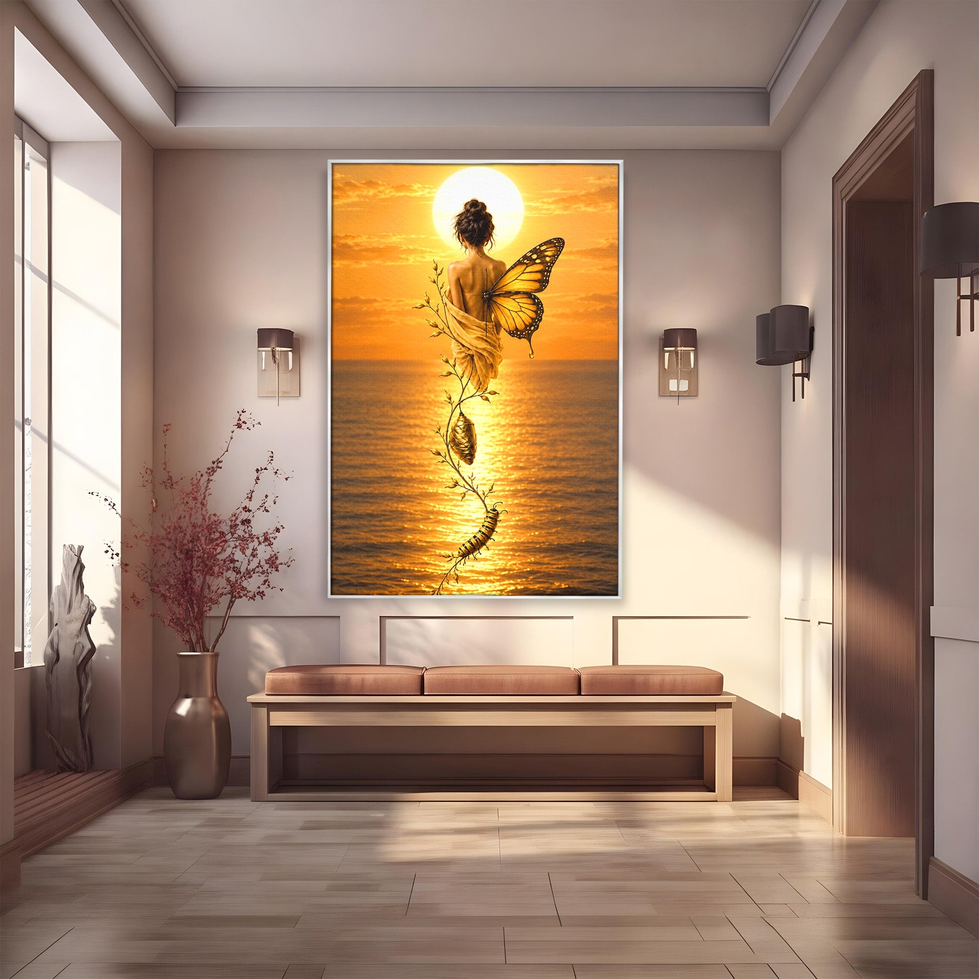 Tablou Canvas Premium LuxCanva® U1186, Zana Apusului, Aripi, Fluture, Metamorfoza,  Zana, Apus, Ocean, Living, Magie, Culori Vibrante