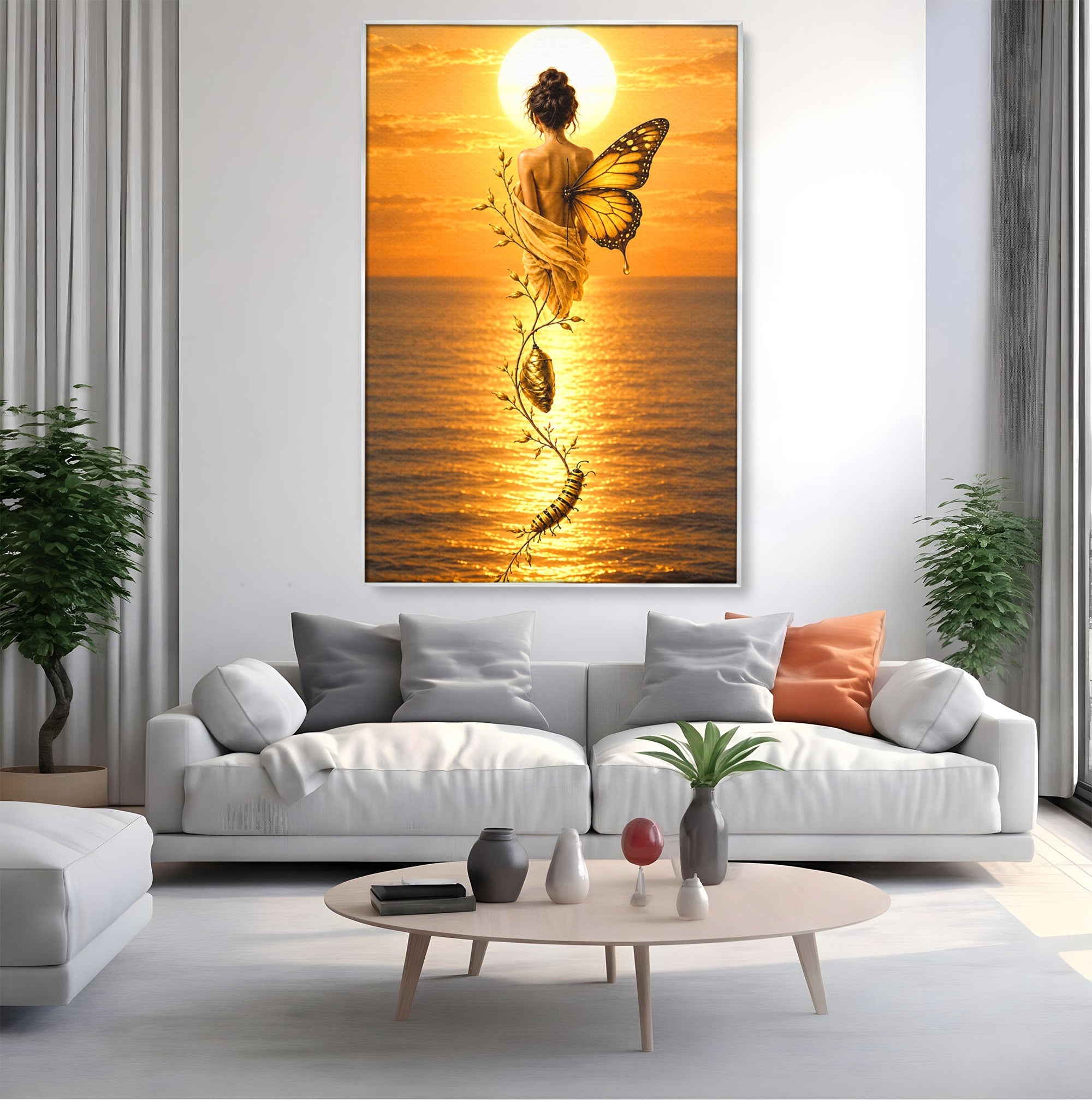 Tablou Canvas Premium LuxCanva® U1186, Zana Apusului, Aripi, Fluture, Metamorfoza,  Zana, Apus, Ocean, Living, Magie, Culori Vibrante