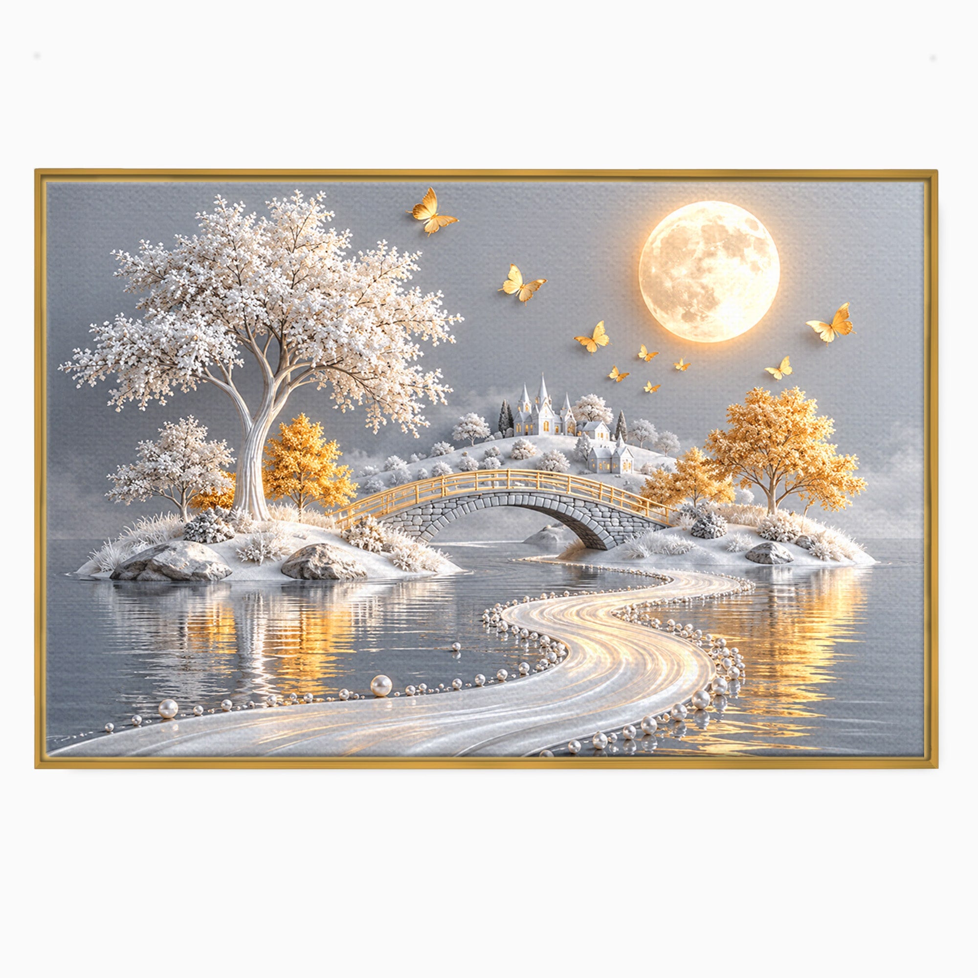 Tablou Canvas Premium LuxCanva® U1188, Peisaj Feeric Lunar, Pod, Arbori, Fantezie, Luna, Peisaj, Living, Dormitor, Culori Vibrante