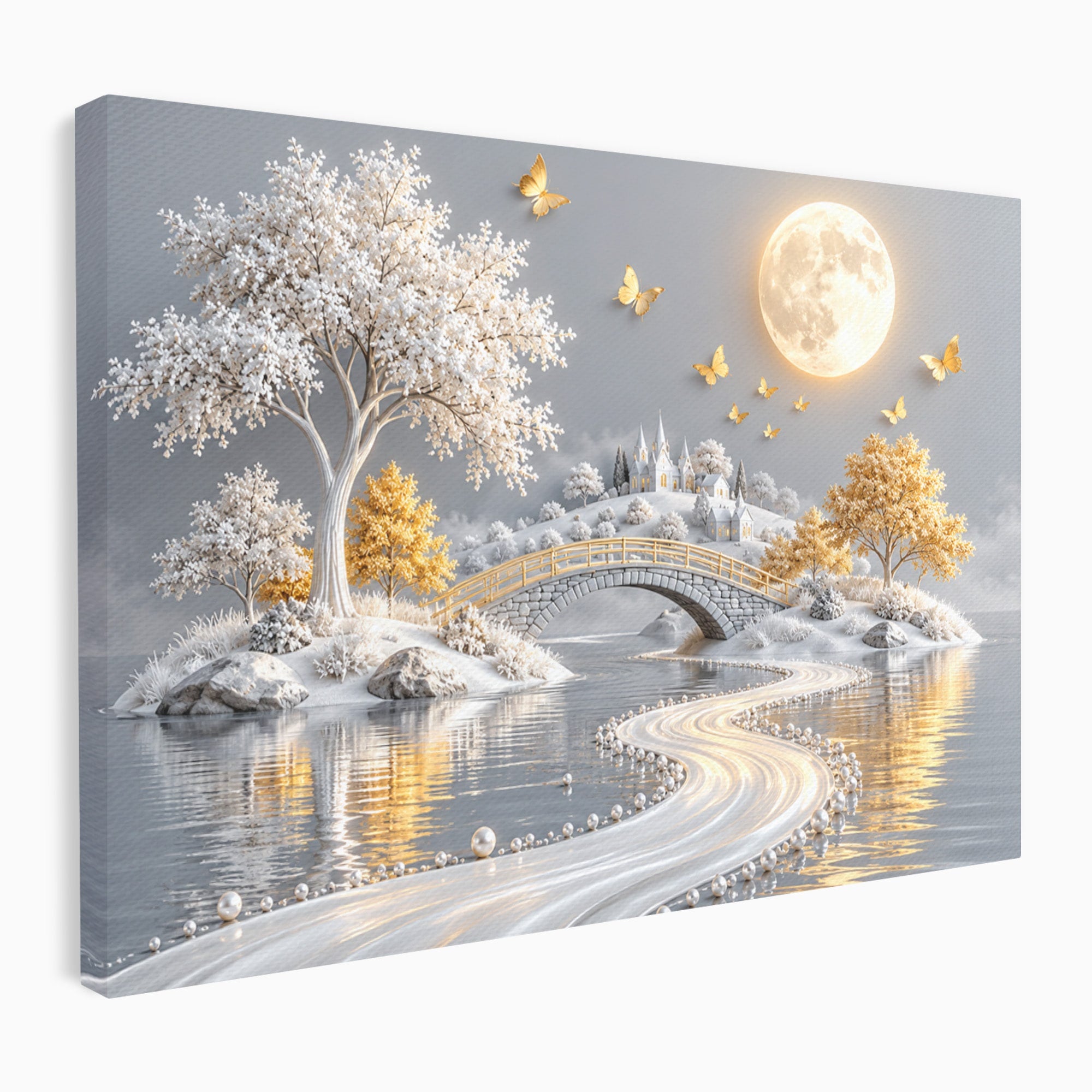 Tablou Canvas Premium LuxCanva® U1188, Peisaj Feeric Lunar, Pod, Arbori, Fantezie, Luna, Peisaj, Living, Dormitor, Culori Vibrante