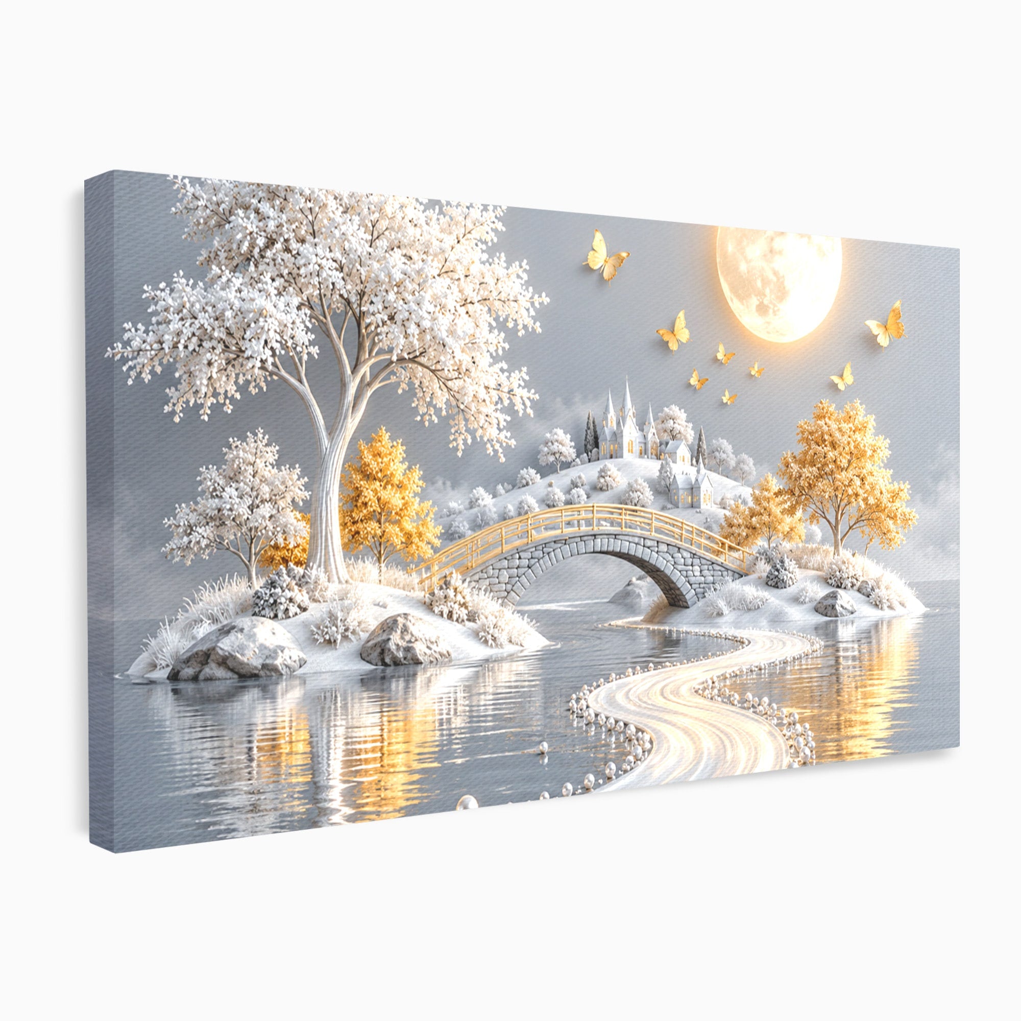 Tablou Canvas Premium LuxCanva® U1188, Peisaj Feeric Lunar, Pod, Arbori, Fantezie, Luna, Peisaj, Living, Dormitor, Culori Vibrante