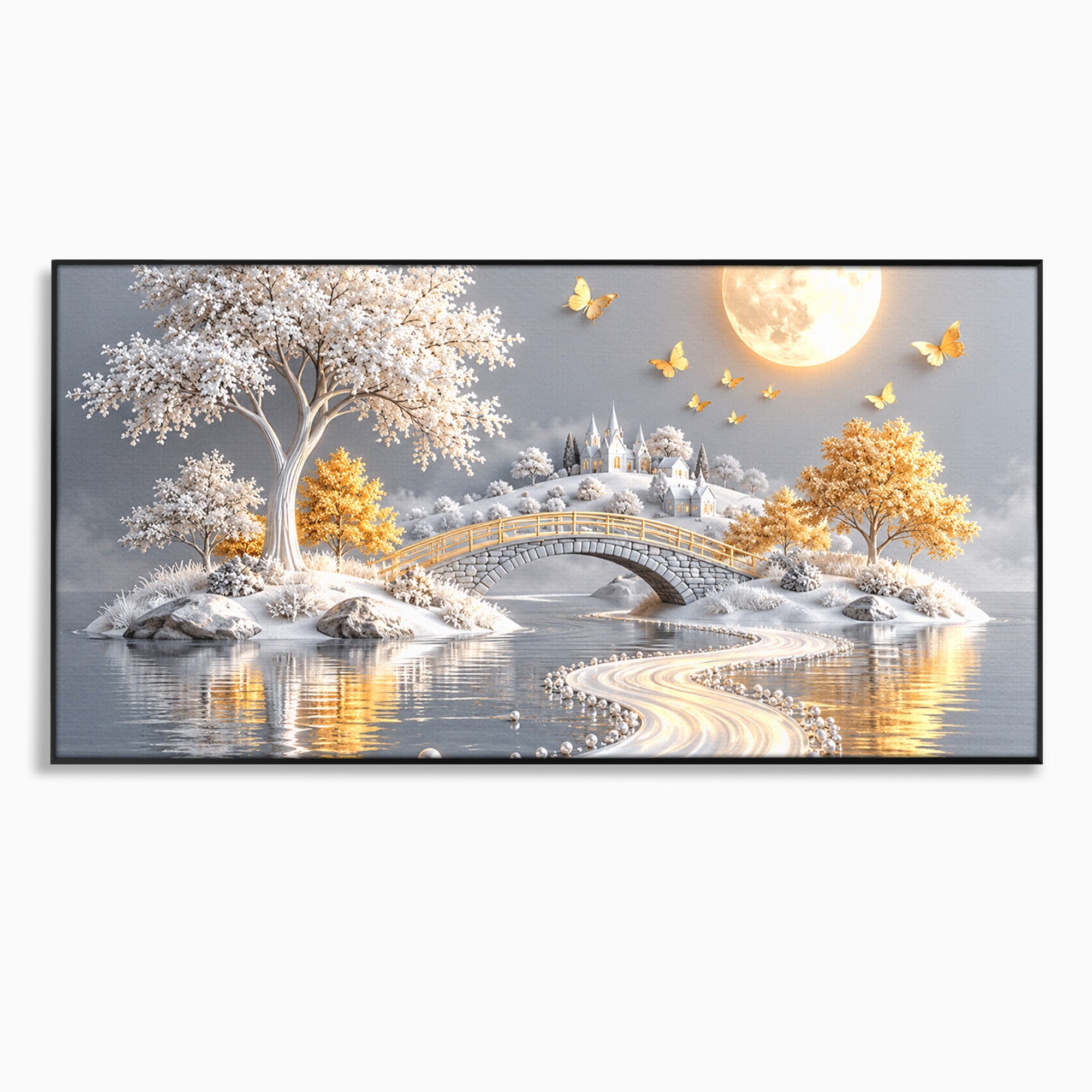 Tablou Canvas Premium LuxCanva® U1188, Peisaj Feeric Lunar, Pod, Arbori, Fantezie, Luna, Peisaj, Living, Dormitor, Culori Vibrante