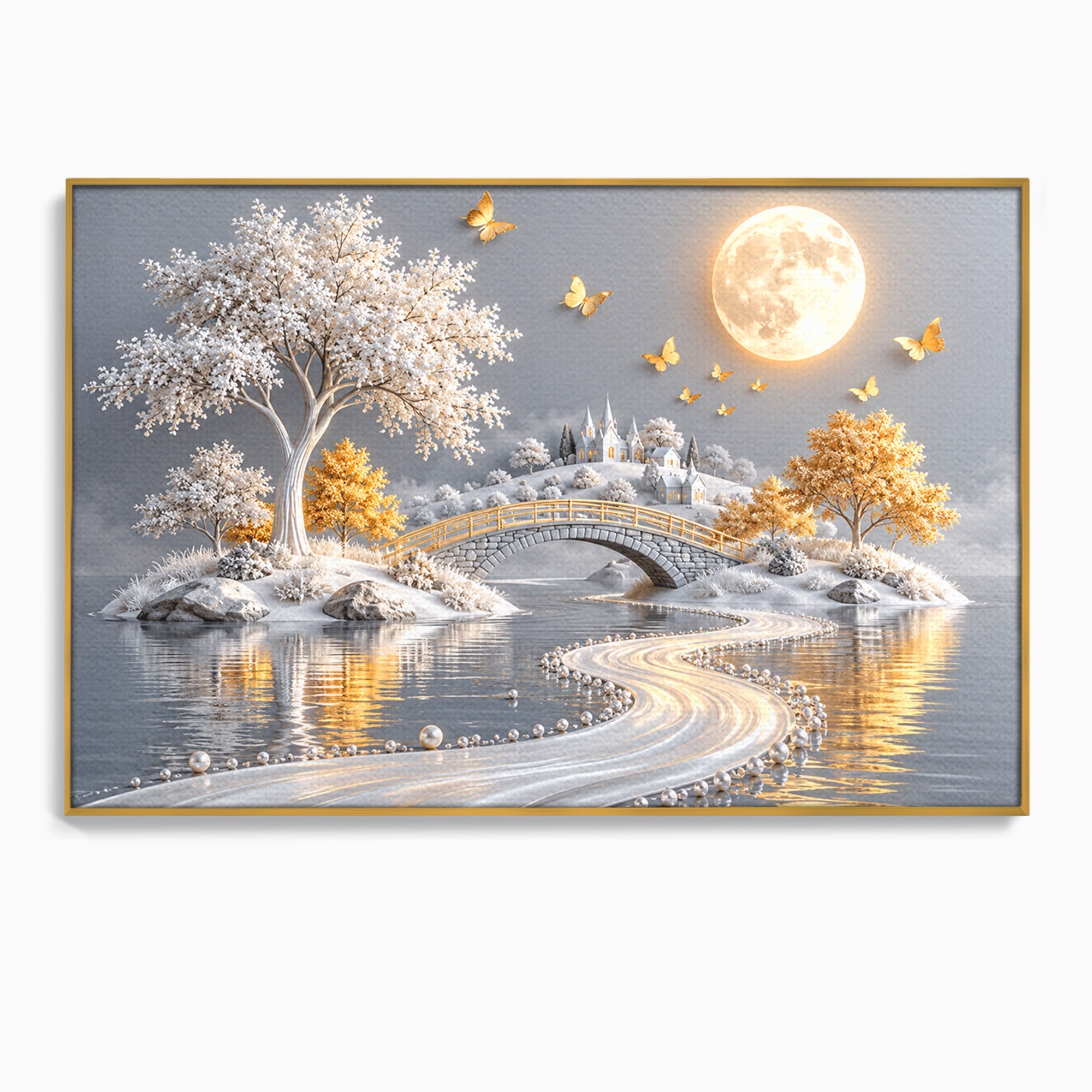 Tablou Canvas Premium LuxCanva® U1188, Peisaj Feeric Lunar, Pod, Arbori, Fantezie, Luna, Peisaj, Living, Dormitor, Culori Vibrante