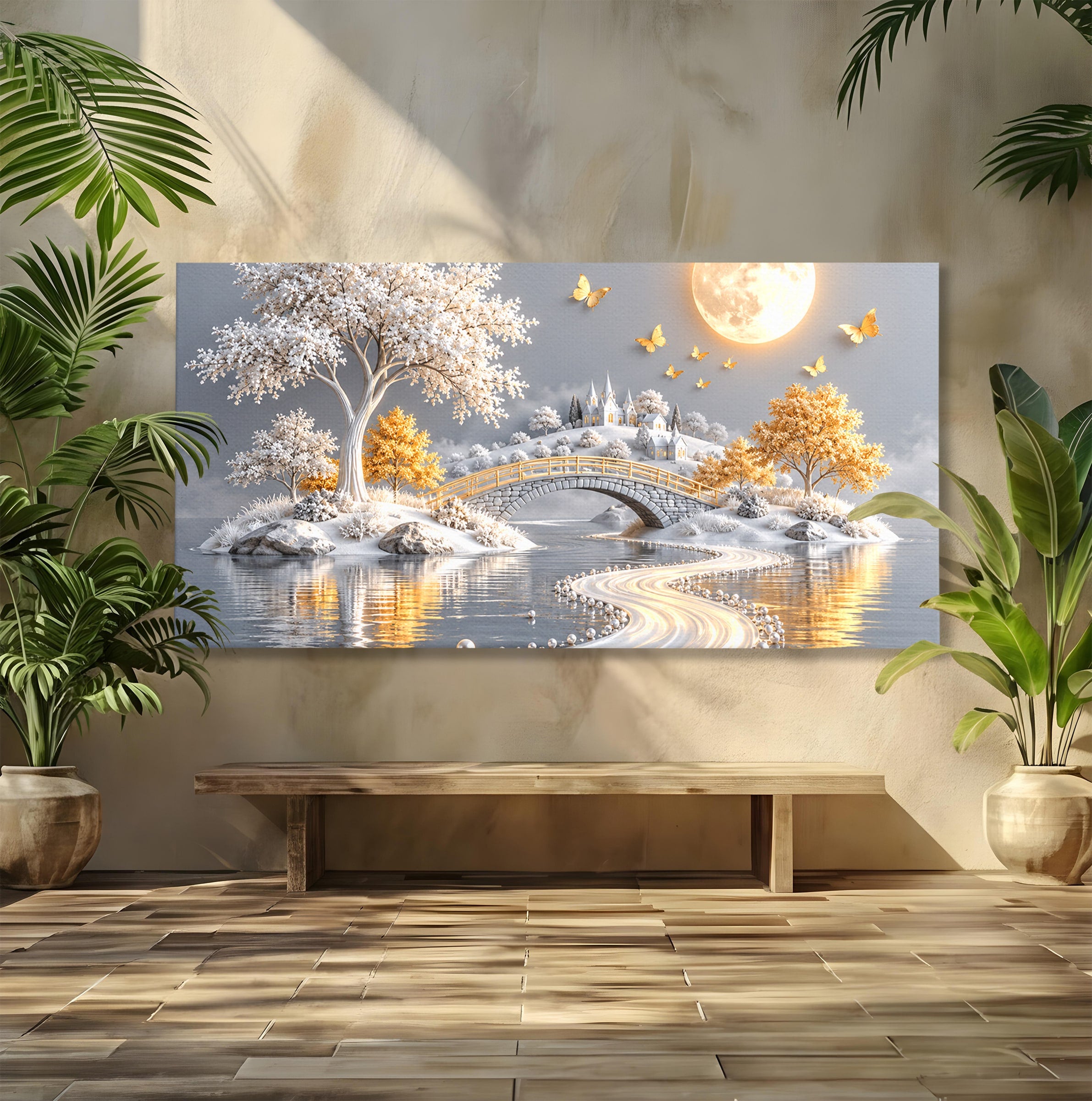 Tablou Canvas Premium LuxCanva® U1188, Peisaj Feeric Lunar, Pod, Arbori, Fantezie, Luna, Peisaj, Living, Dormitor, Culori Vibrante
