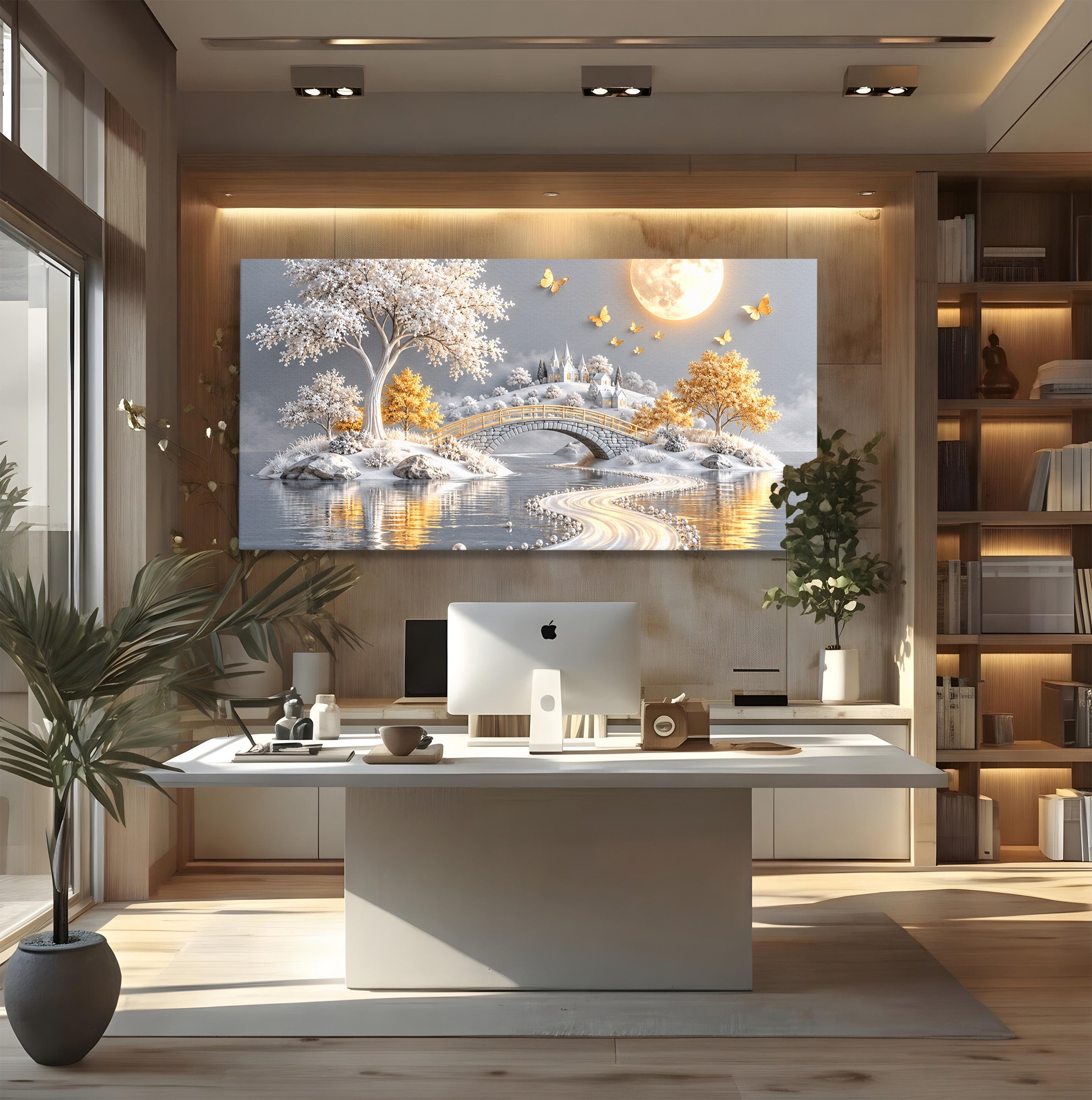 Tablou Canvas Premium LuxCanva® U1188, Peisaj Feeric Lunar, Pod, Arbori, Fantezie, Luna, Peisaj, Living, Dormitor, Culori Vibrante