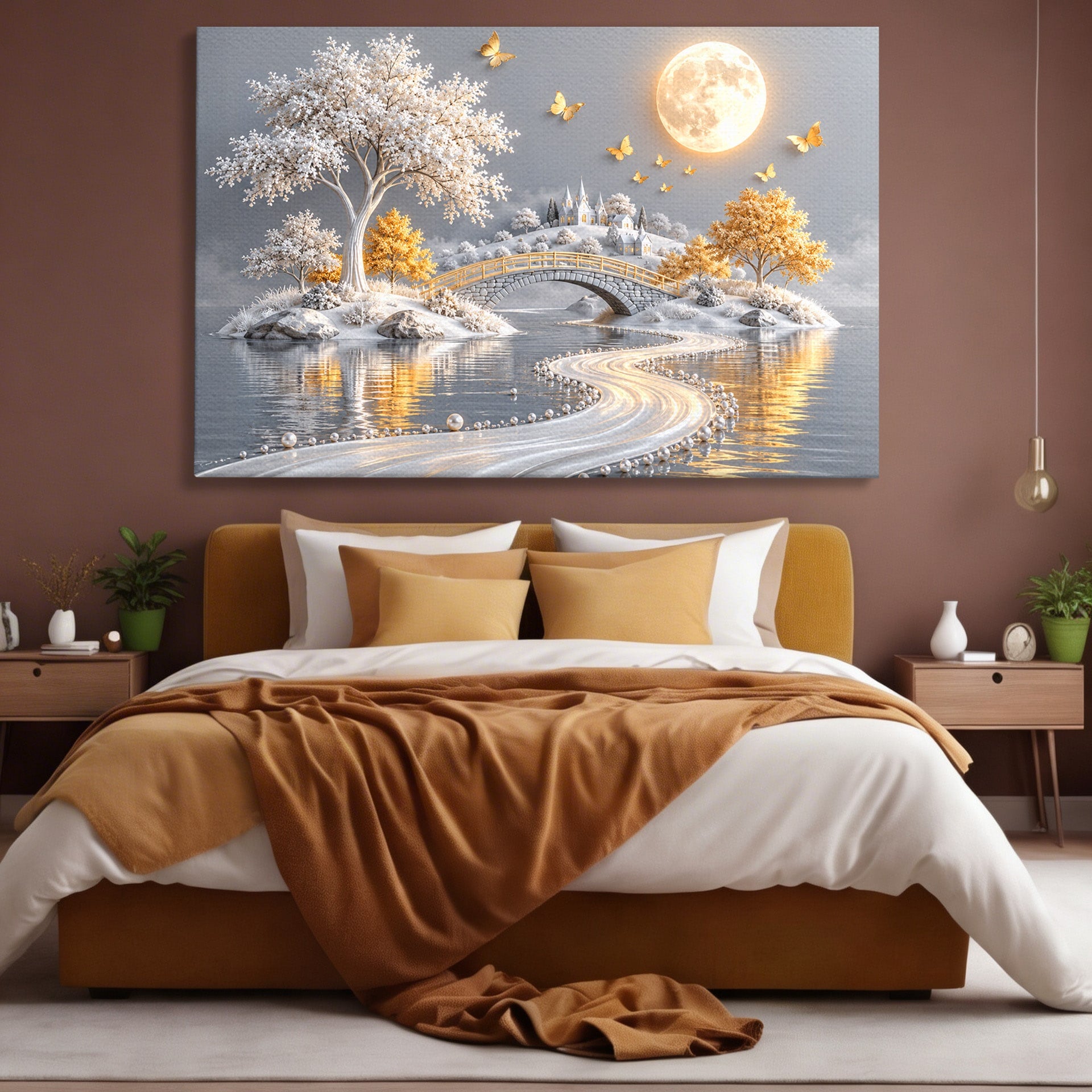 Tablou Canvas Premium LuxCanva® U1188, Peisaj Feeric Lunar, Pod, Arbori, Fantezie, Luna, Peisaj, Living, Dormitor, Culori Vibrante