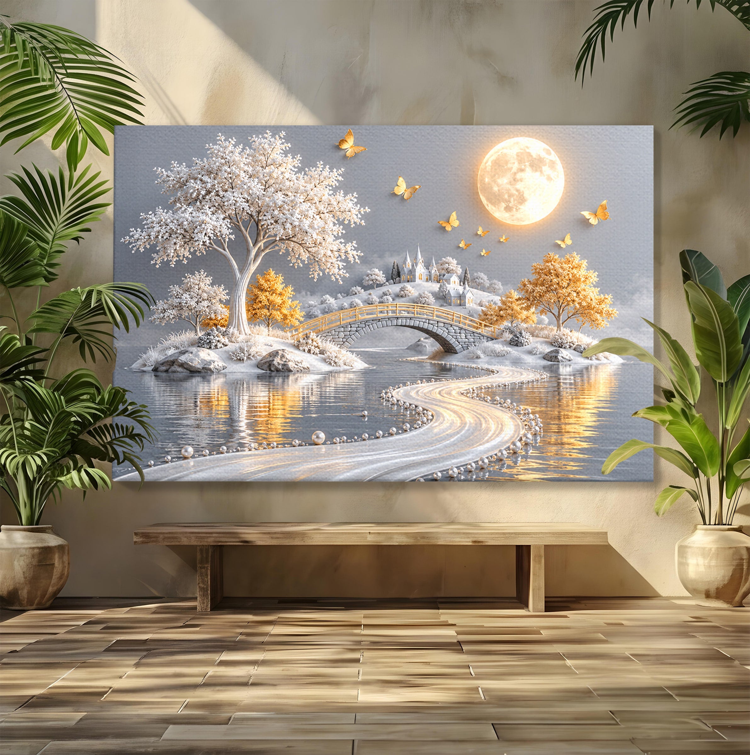 Tablou Canvas Premium LuxCanva® U1188, Peisaj Feeric Lunar, Pod, Arbori, Fantezie, Luna, Peisaj, Living, Dormitor, Culori Vibrante