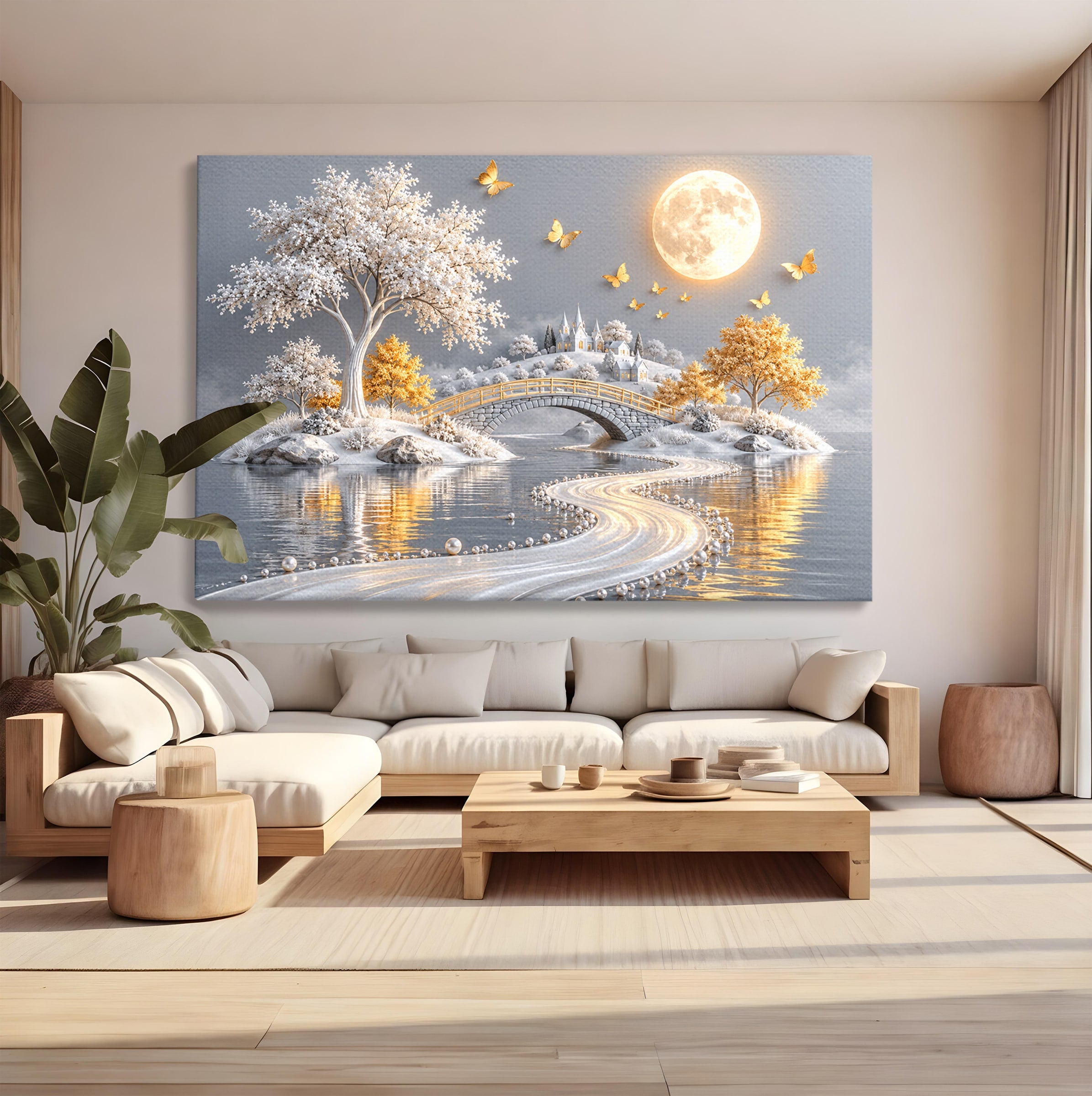 Tablou Canvas Premium LuxCanva® U1188, Peisaj Feeric Lunar, Pod, Arbori, Fantezie, Luna, Peisaj, Living, Dormitor, Culori Vibrante