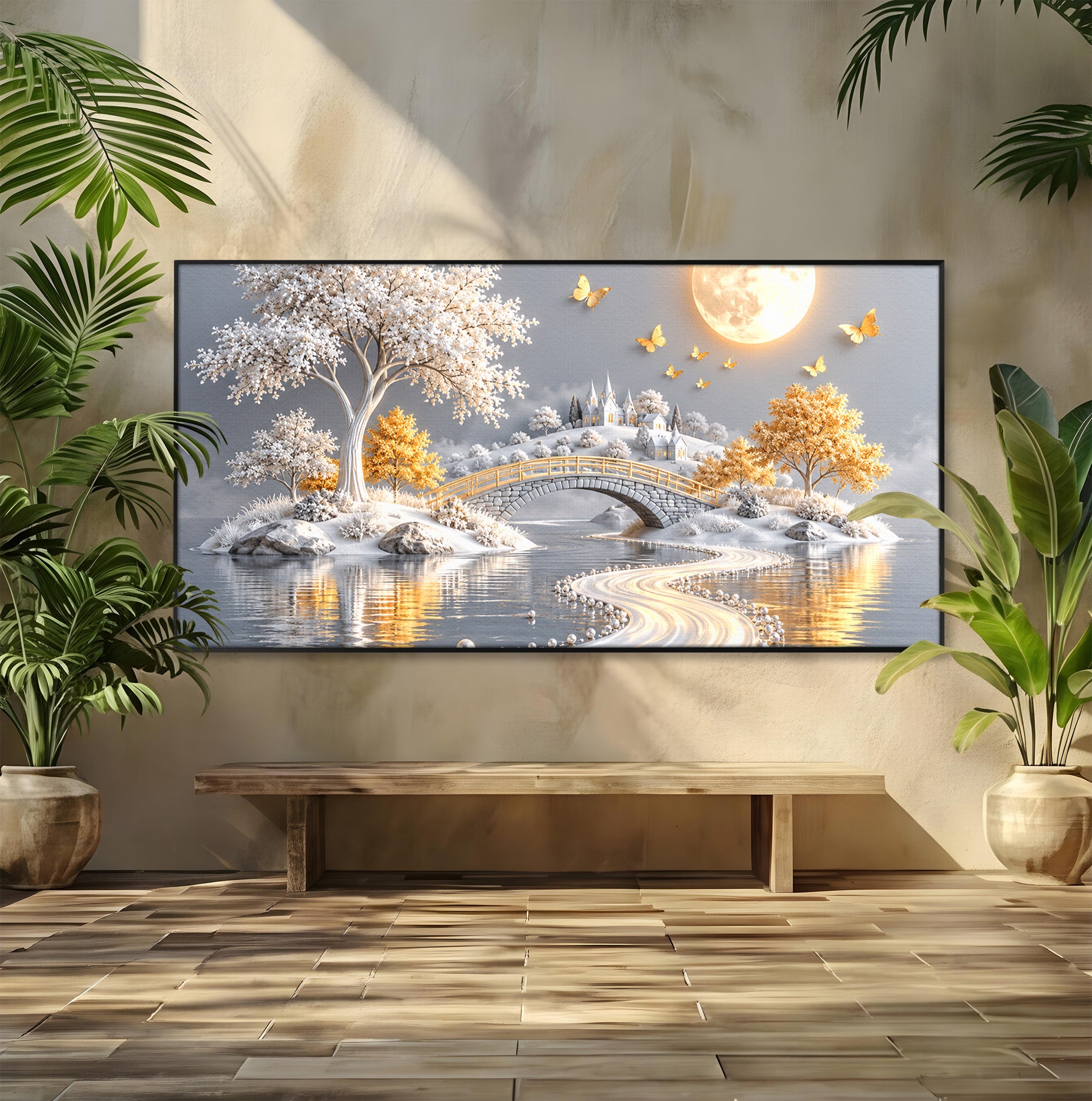 Tablou Canvas Premium LuxCanva® U1188, Peisaj Feeric Lunar, Pod, Arbori, Fantezie, Luna, Peisaj, Living, Dormitor, Culori Vibrante