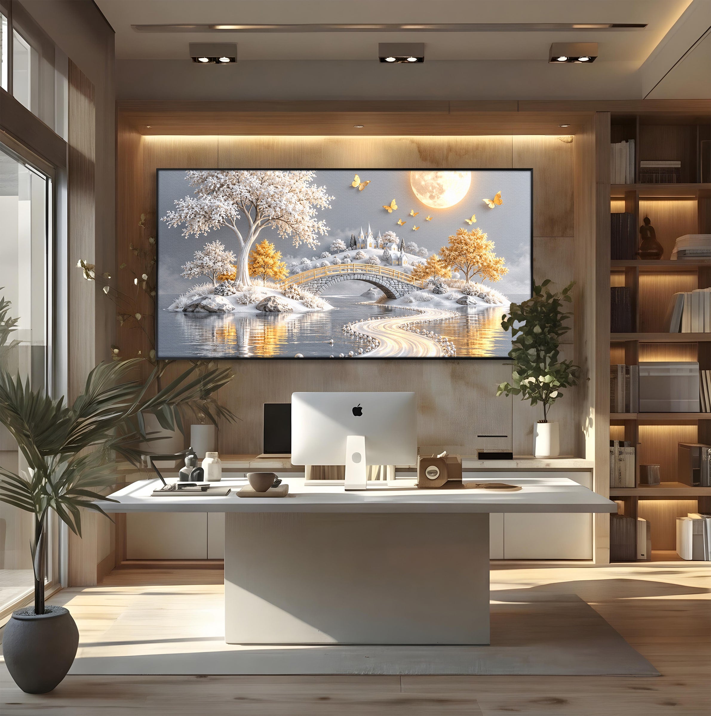 Tablou Canvas Premium LuxCanva® U1188, Peisaj Feeric Lunar, Pod, Arbori, Fantezie, Luna, Peisaj, Living, Dormitor, Culori Vibrante