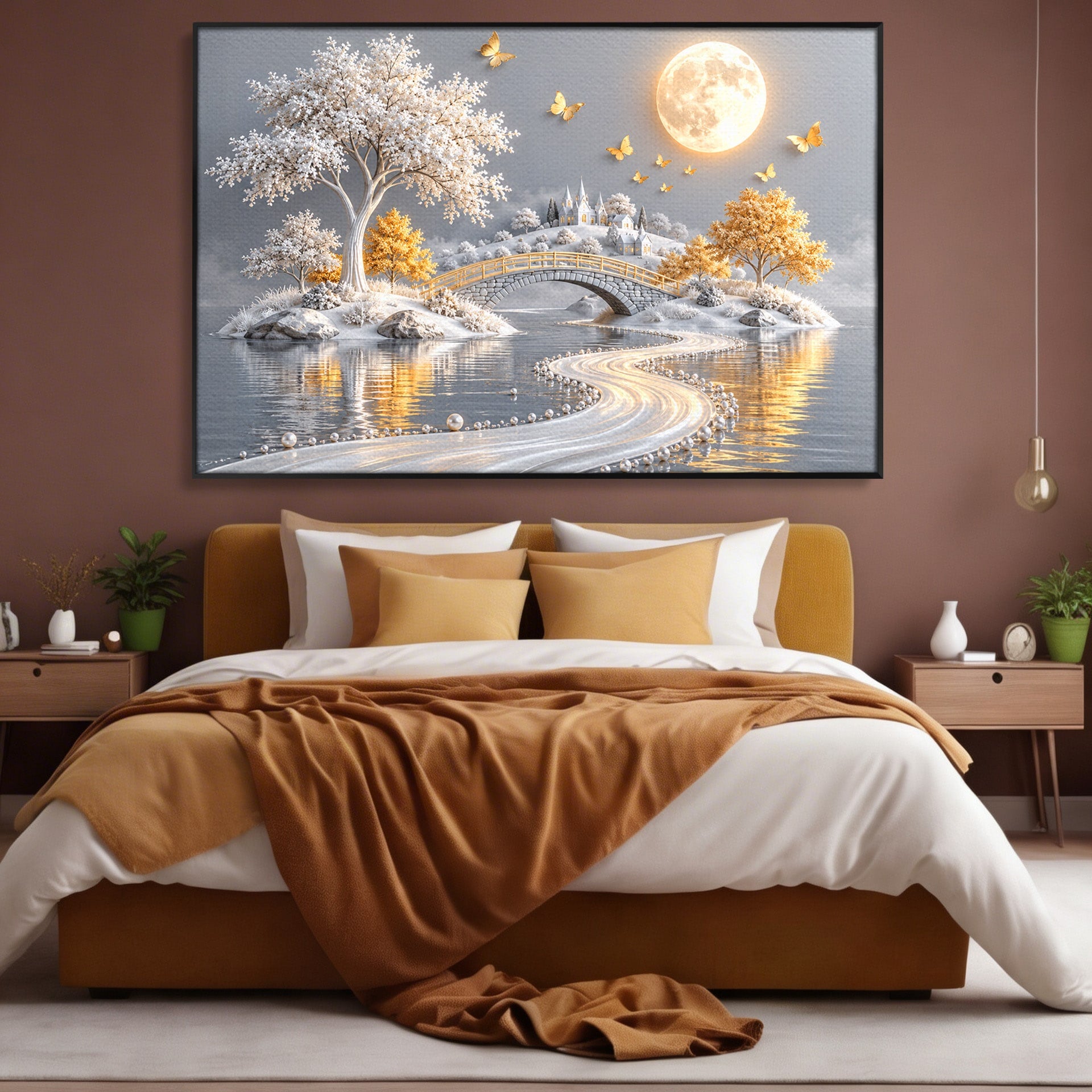 Tablou Canvas Premium LuxCanva® U1188, Peisaj Feeric Lunar, Pod, Arbori, Fantezie, Luna, Peisaj, Living, Dormitor, Culori Vibrante