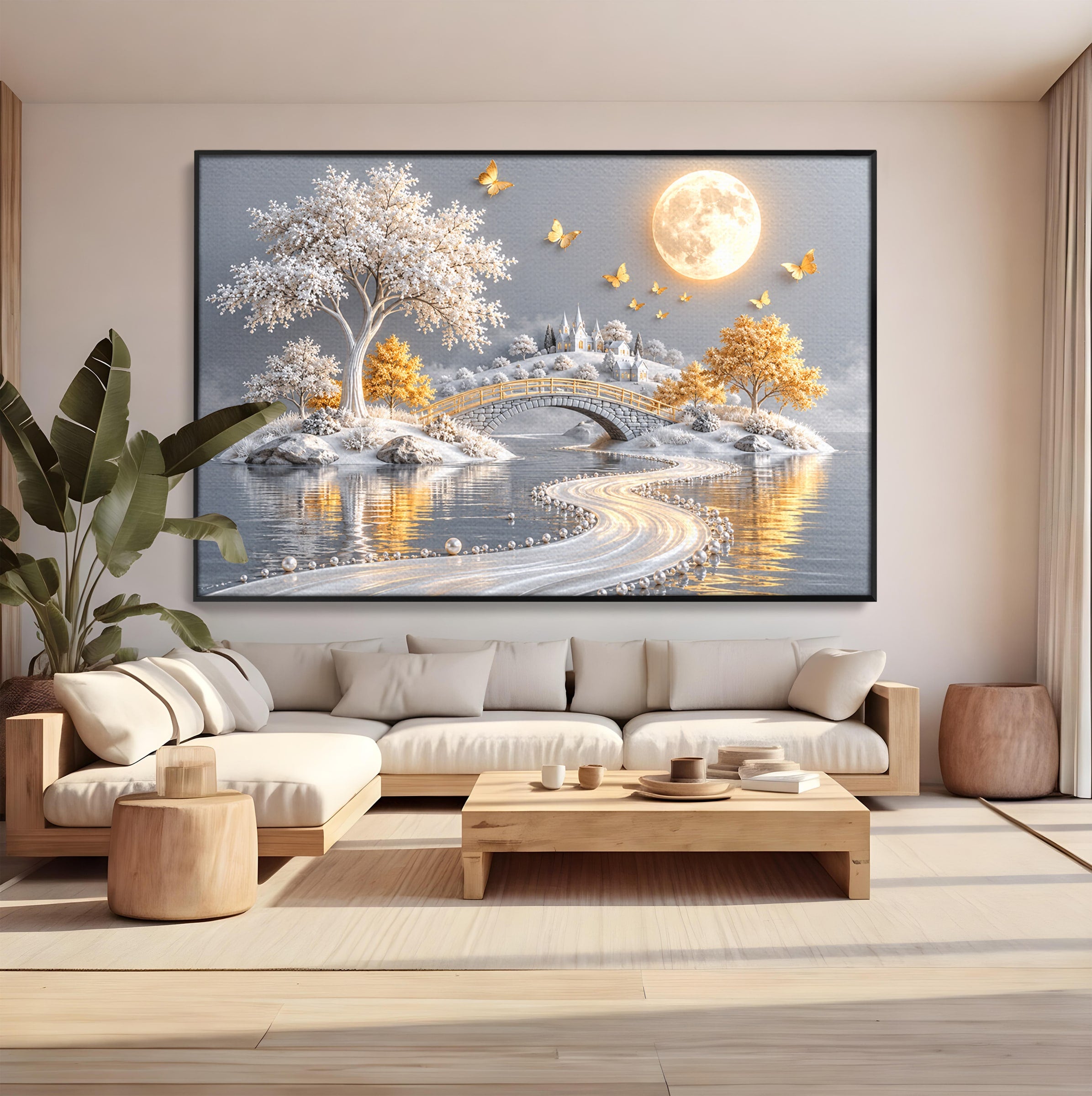 Tablou Canvas Premium LuxCanva® U1188, Peisaj Feeric Lunar, Pod, Arbori, Fantezie, Luna, Peisaj, Living, Dormitor, Culori Vibrante